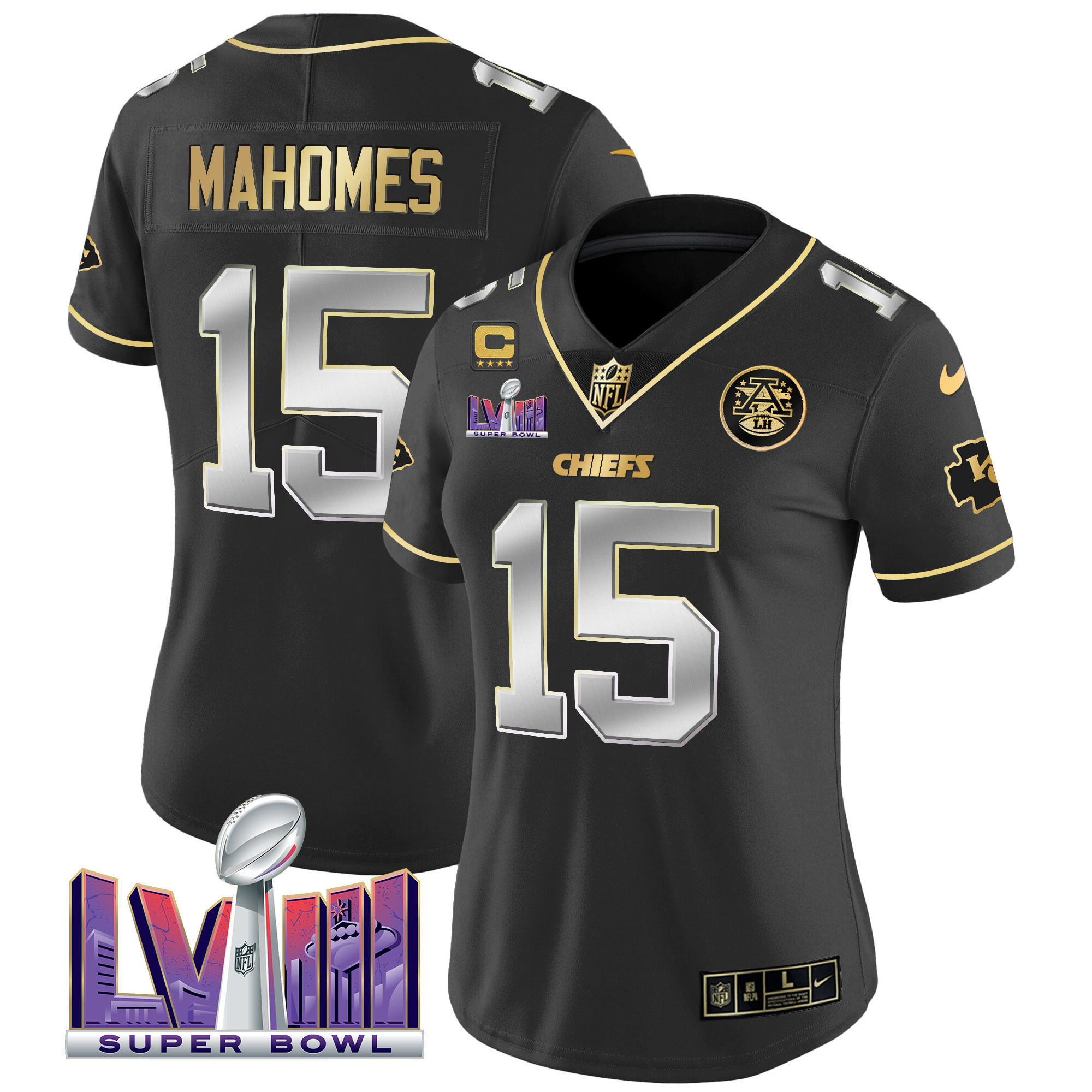 Patrick Mahomes Women's Kansas City Chiefs Super Bowl LVIII Patch Vapor Black Limited Jersey - All Stitched
