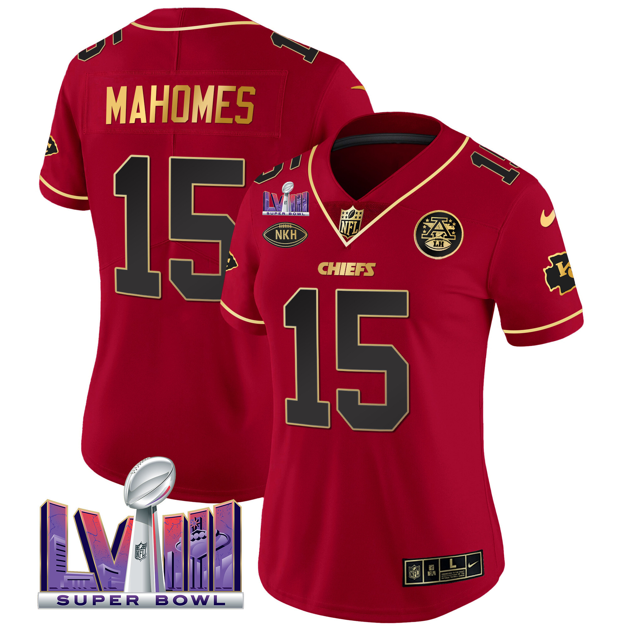 Patrick Mahomes Women's Kansas City Chiefs Super Bowl LVIII Patch Vapor Red Special Jersey - All Stitched