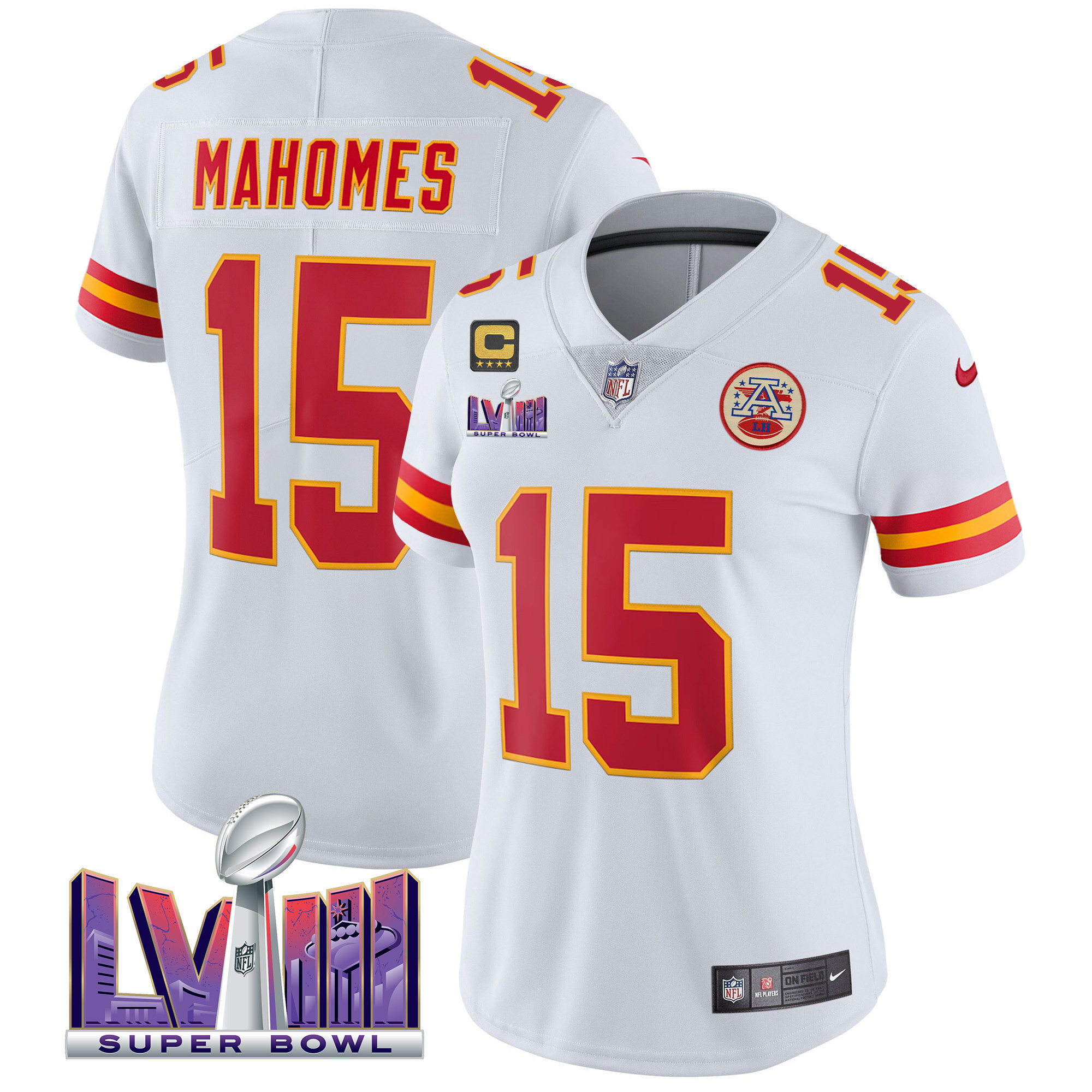 Patrick Mahomes Women's Kansas City Chiefs Super Bowl LVIII Patch Vapor White Jersey - All Stitched