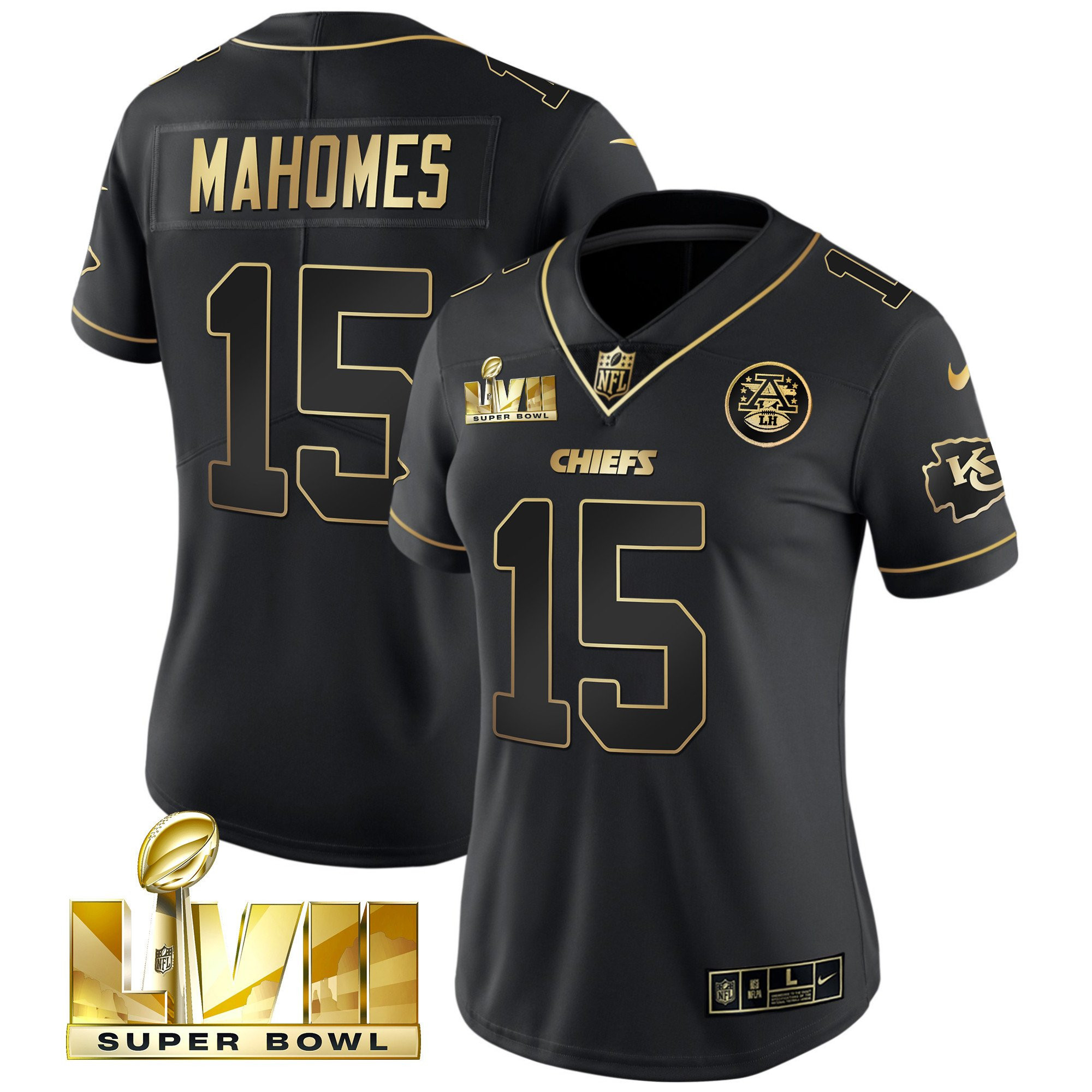 Patrick Mahomes Women's Kansas City Chiefs Super Bowl Vapor Gold Black Gold Jersey - All Stitched
