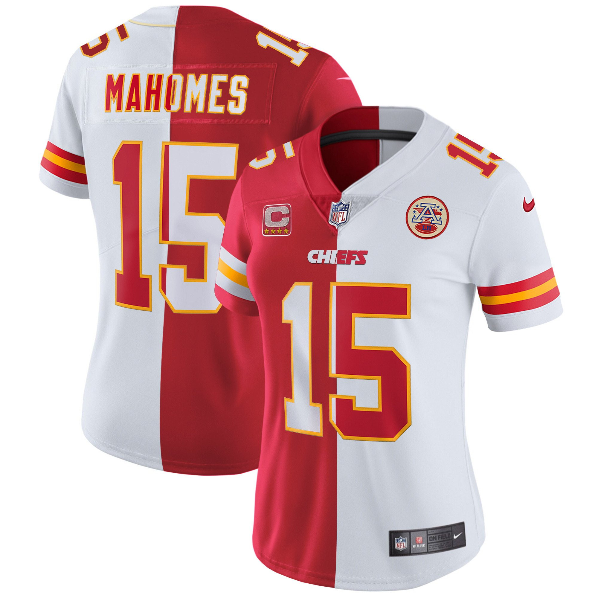 Patrick Mahomes Women's Kansas City Chiefs White Gold & Black Gold - All Stitched Split Jersey - All Stitched