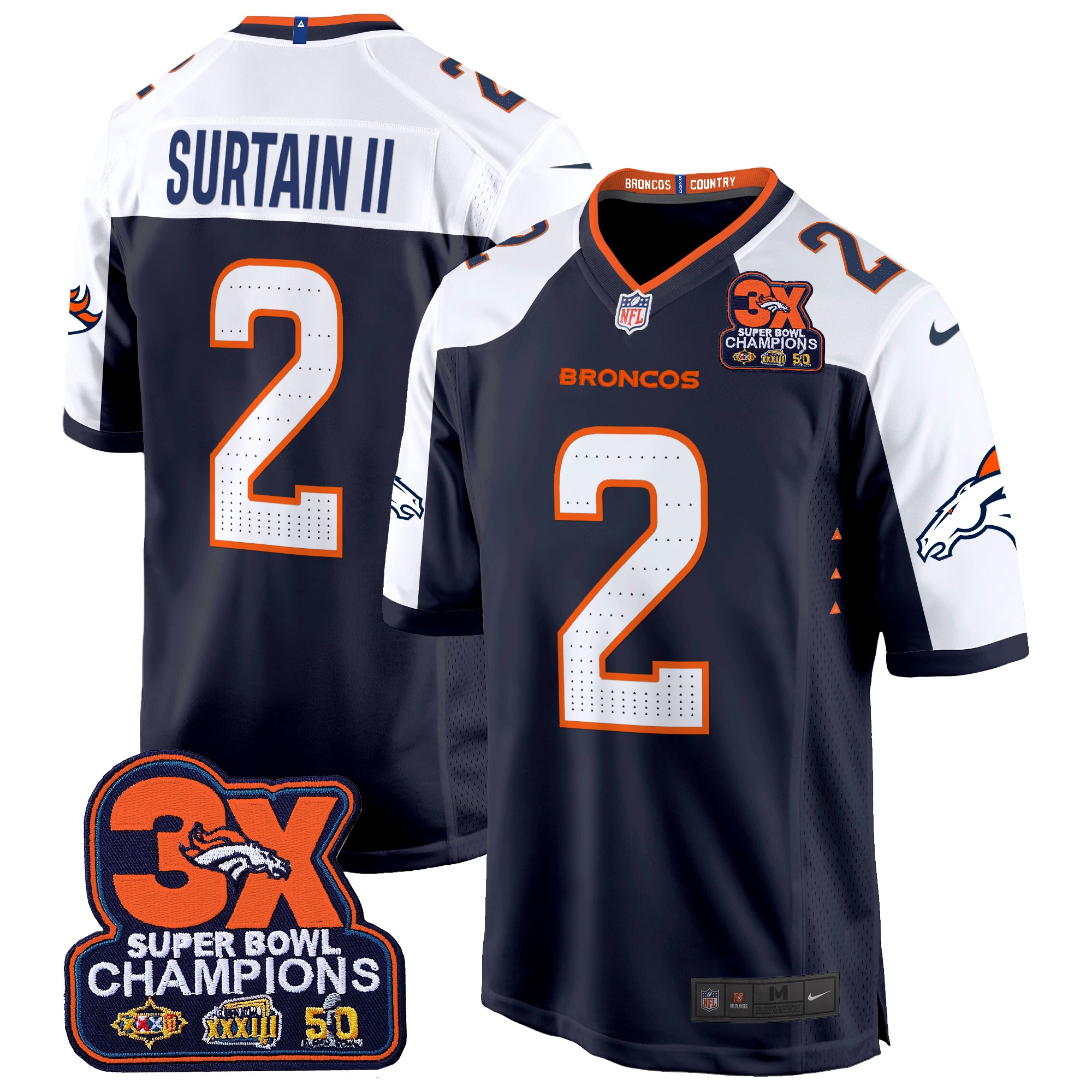 Patrick Surtain II Men's Denver Broncos 3-Time Champions Patch Game Jersey - Al Stitched Navy Alternate Jersey - All Stitched