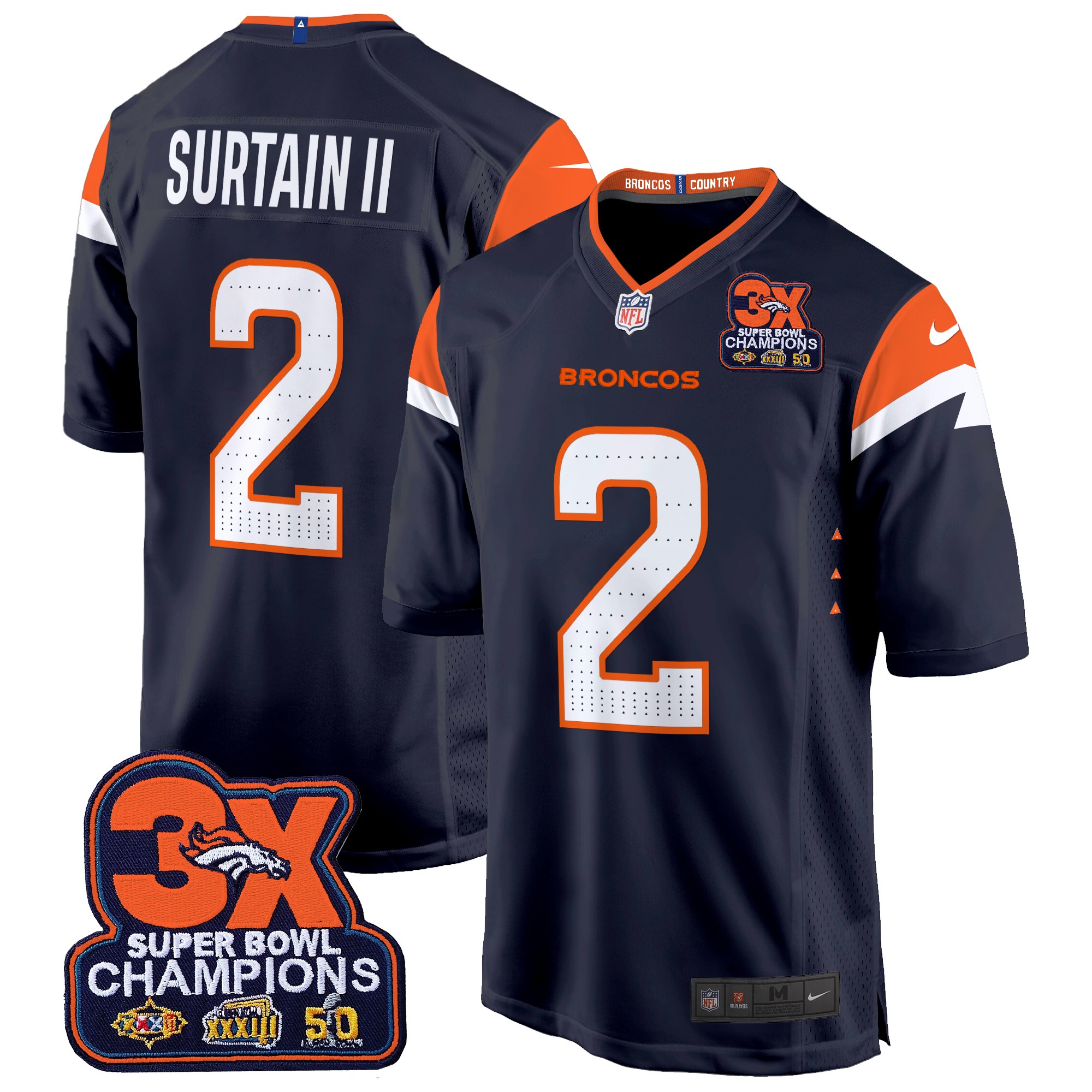 Patrick Surtain II Men's Denver Broncos 3-Time Champions Patch Game Jersey - Al Stitched Navy Jersey - All Stitched