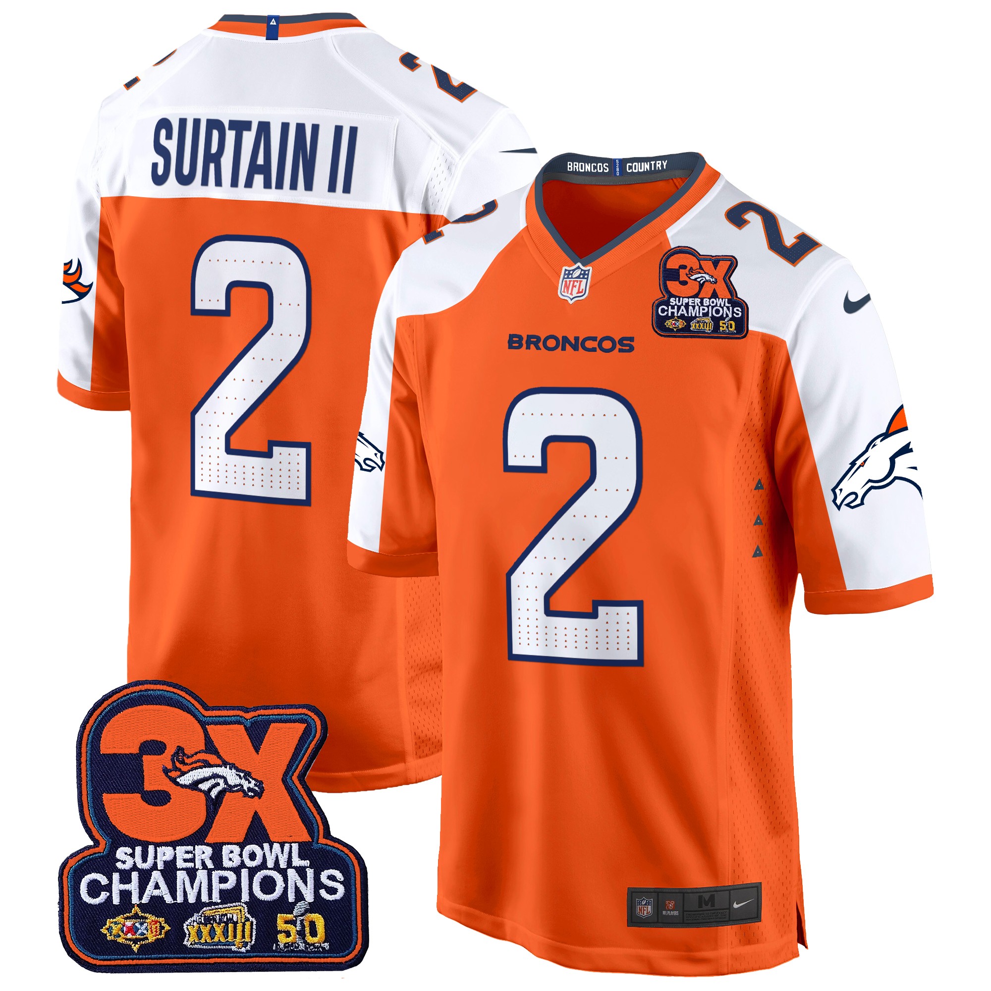 Patrick Surtain II Men's Denver Broncos 3-Time Champions Patch Game Jersey - Al Stitched Orange Alternate Jersey - All Stitched