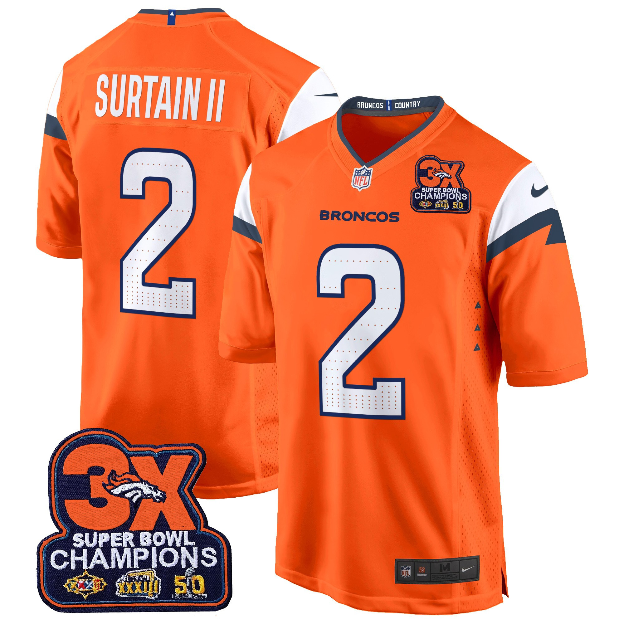 Patrick Surtain II Men's Denver Broncos 3-Time Champions Patch Game Jersey - Al Stitched Orange Jersey - All Stitched