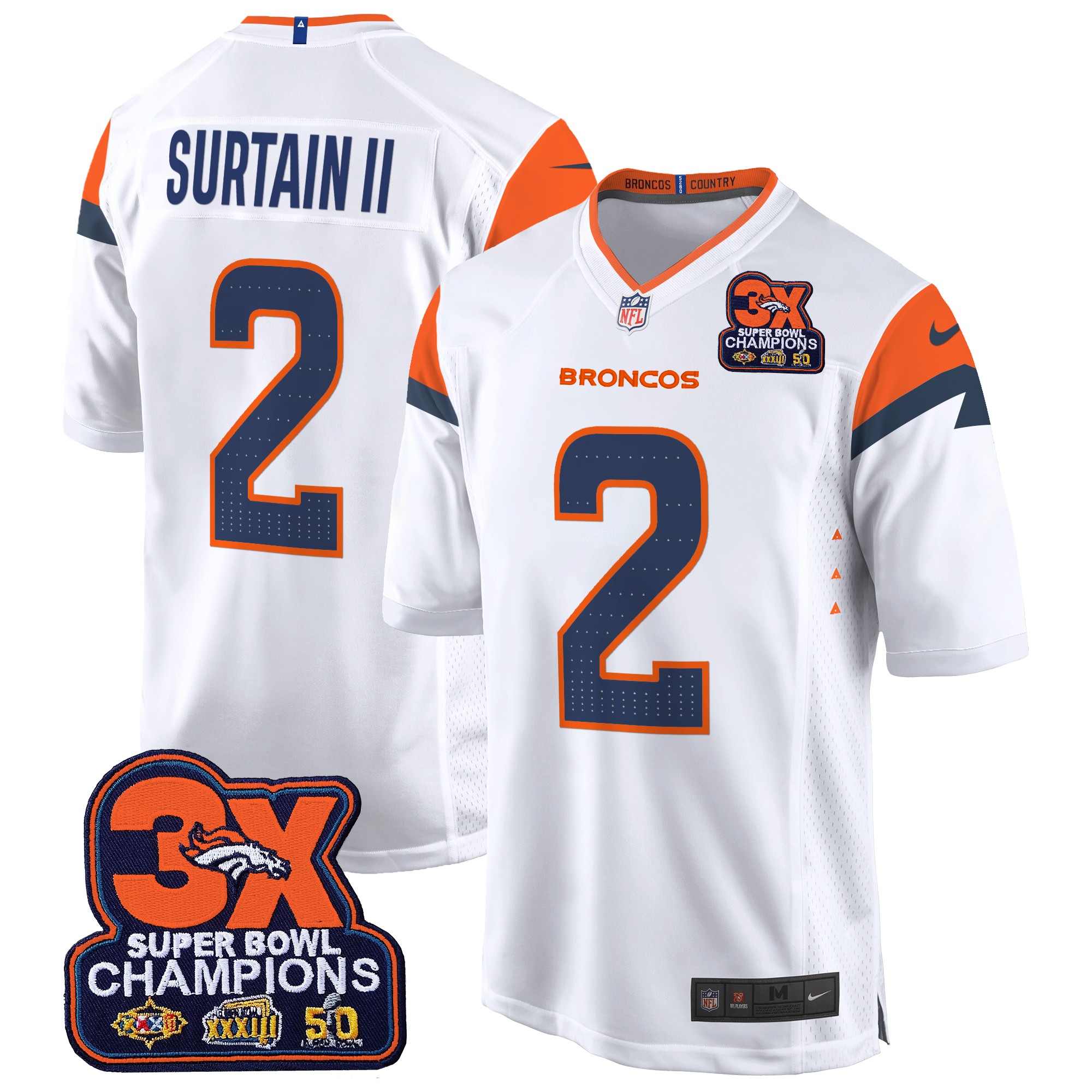 Patrick Surtain II Men's Denver Broncos 3-Time Champions Patch Game Jersey - Al Stitched White Jersey - All Stitched