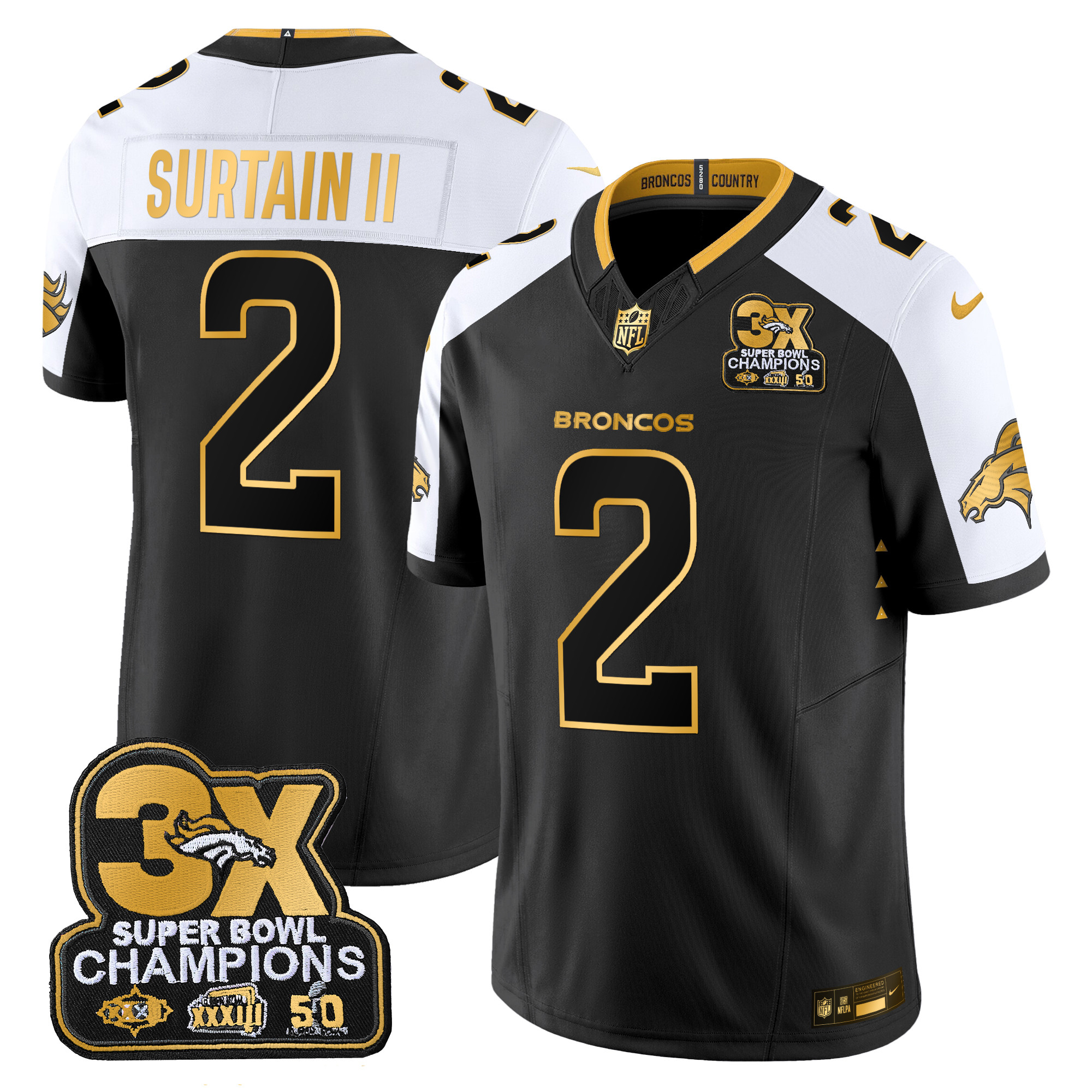 Patrick Surtain II Men's Denver Broncos 3-Time Champions Patch Gold Vapor Limited Alternate Jersey - All Stitched