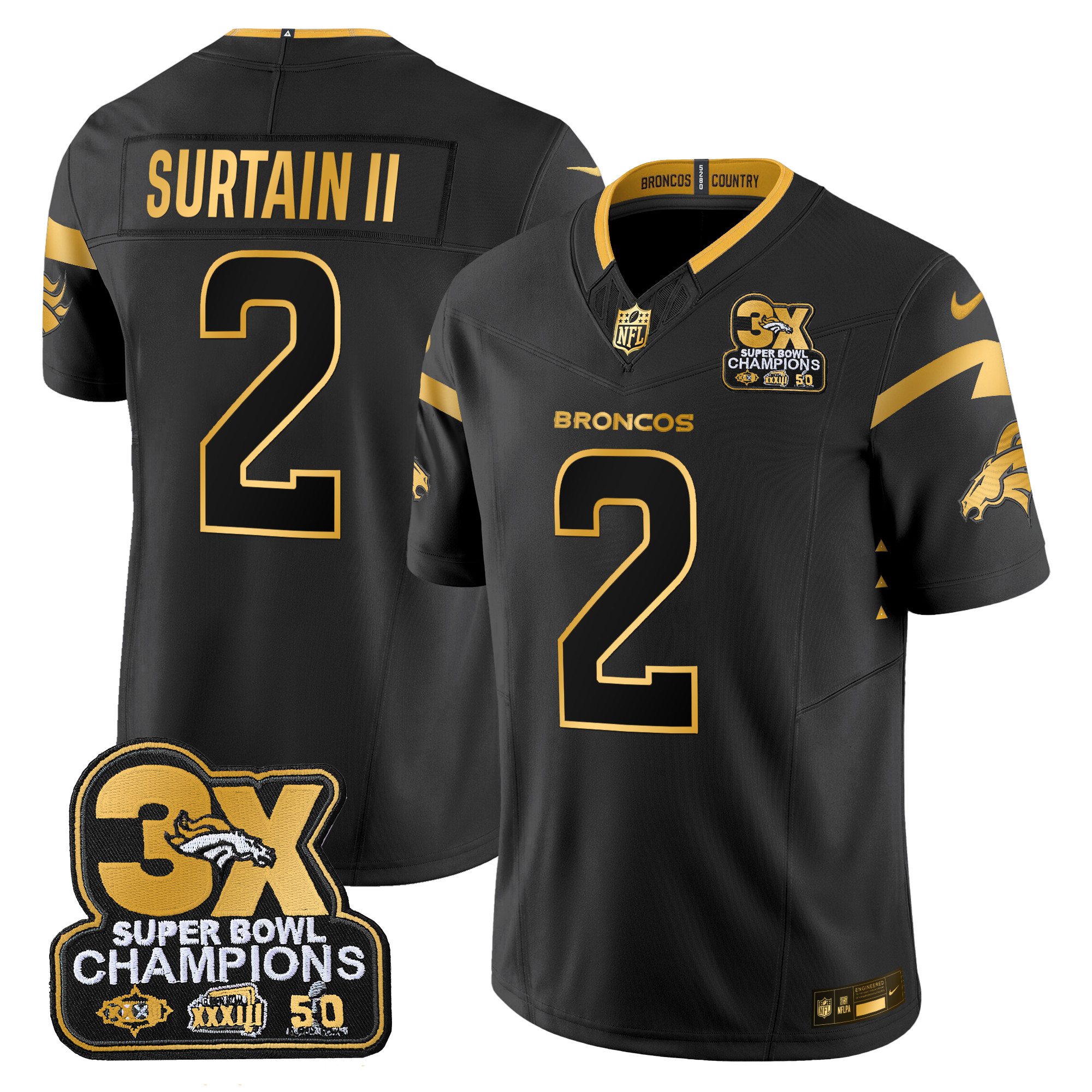 Patrick Surtain II Men's Denver Broncos 3-Time Champions Patch Gold Vapor Limited Black Gold Jersey - All Stitched