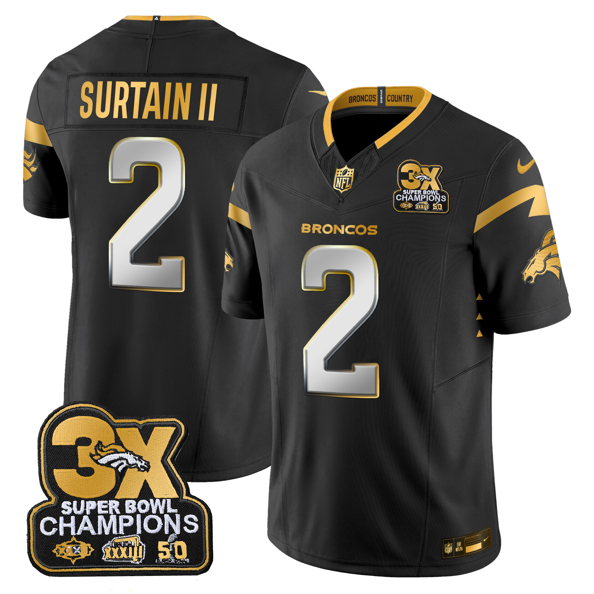 Patrick Surtain II Men's Denver Broncos 3-Time Champions Patch Gold Vapor Limited Black Limited Jersey - All Stitched