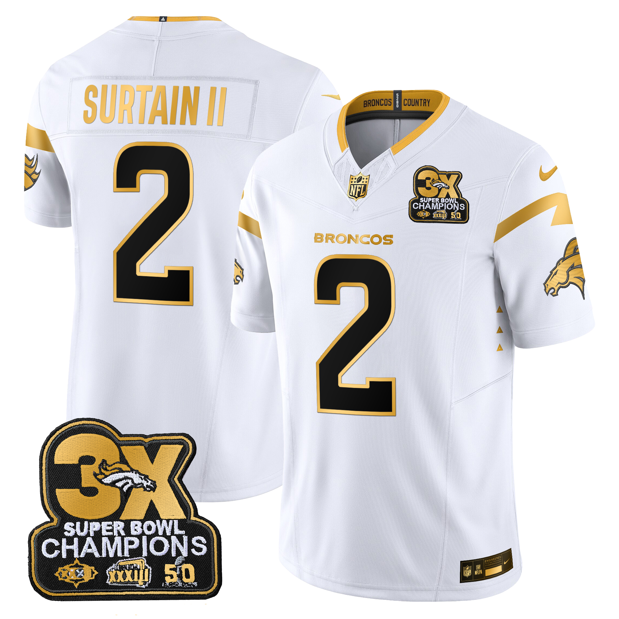 Patrick Surtain II Men's Denver Broncos 3-Time Champions Patch Gold Vapor Limited White Gold Jersey - All Stitched