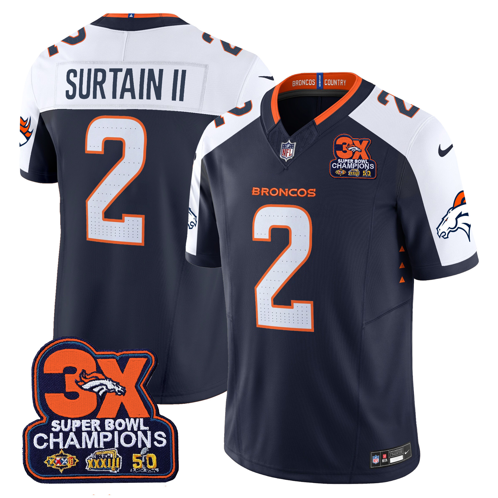 Patrick Surtain II Men's Denver Broncos 3-Time Champions Patch Vapor Limited Navy Alternate Jersey - All Stitched