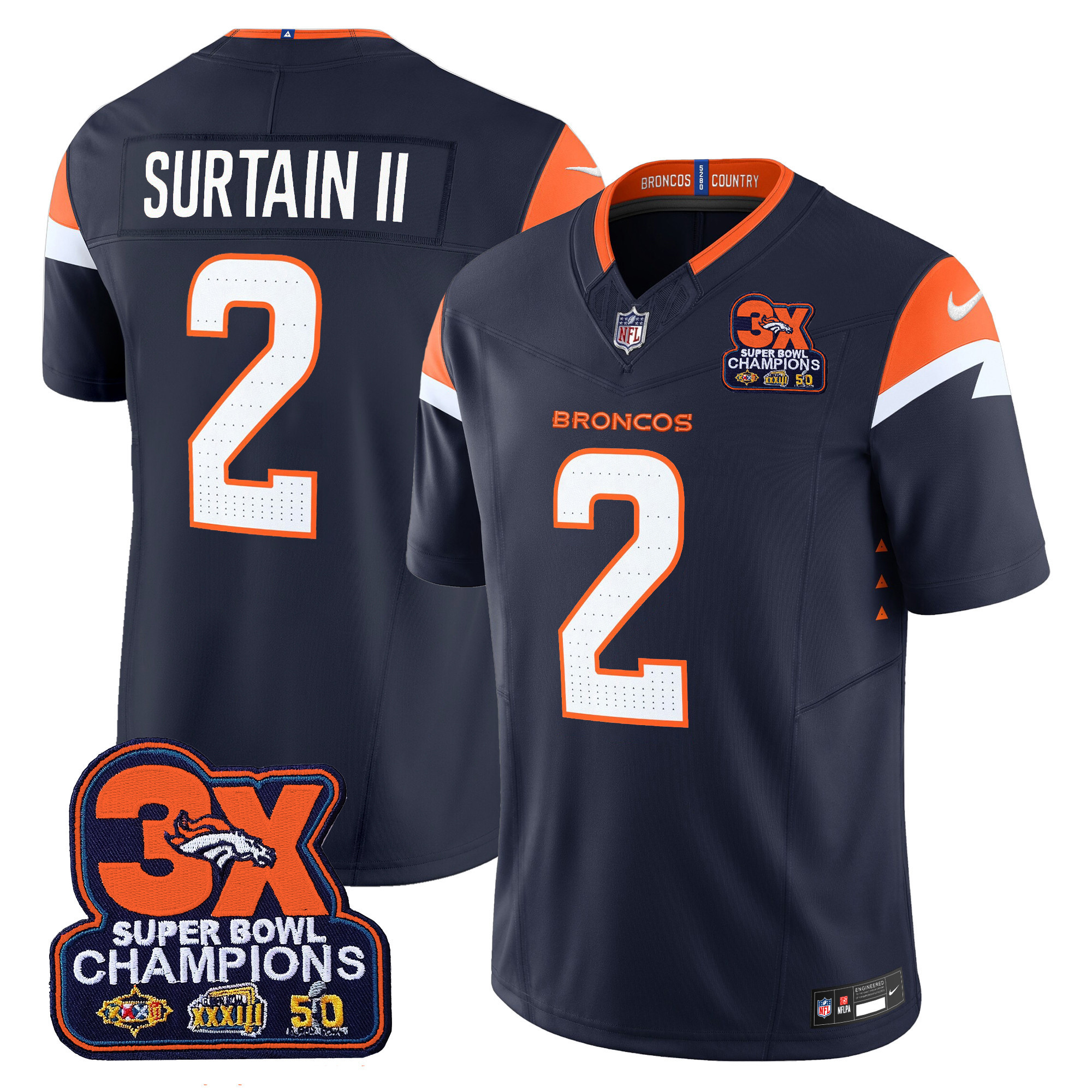 Patrick Surtain II Men's Denver Broncos 3-Time Champions Patch Vapor Limited Navy Jersey - All Stitched