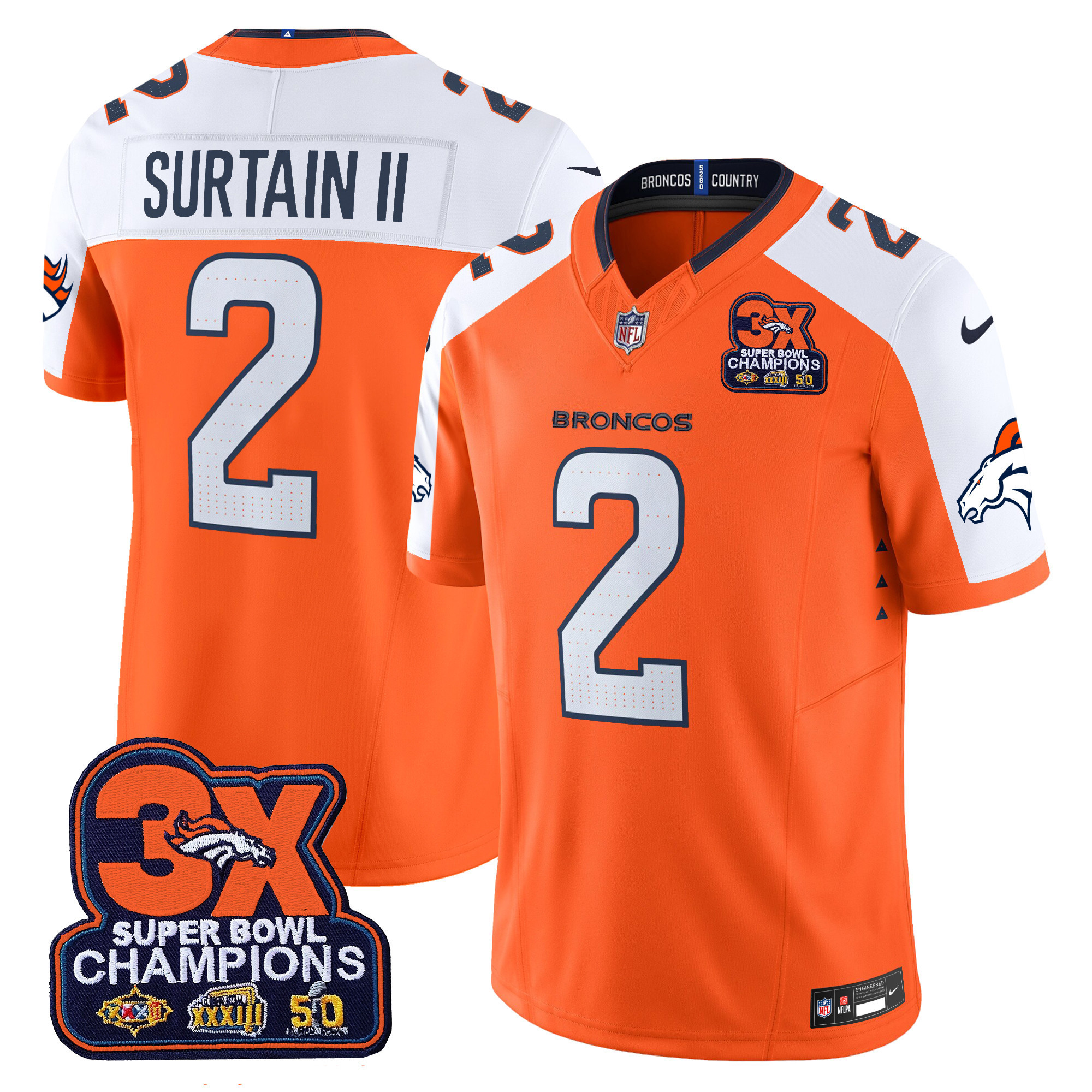 Patrick Surtain II Men's Denver Broncos 3-Time Champions Patch Vapor Limited Orange Alternate Jersey - All Stitched