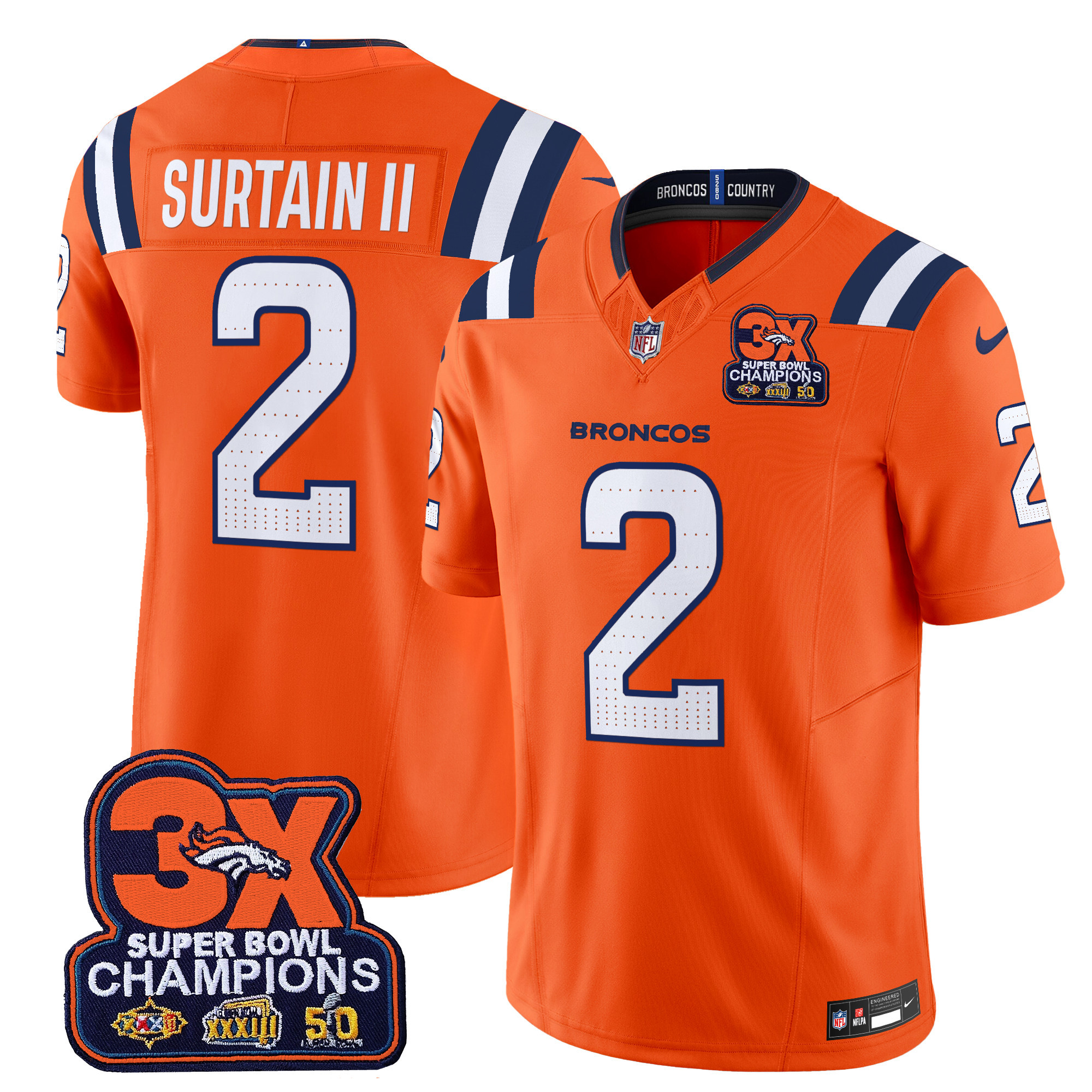 Patrick Surtain II Men's Denver Broncos 3-Time Champions Patch Vapor Limited Orange Jersey - All Stitched