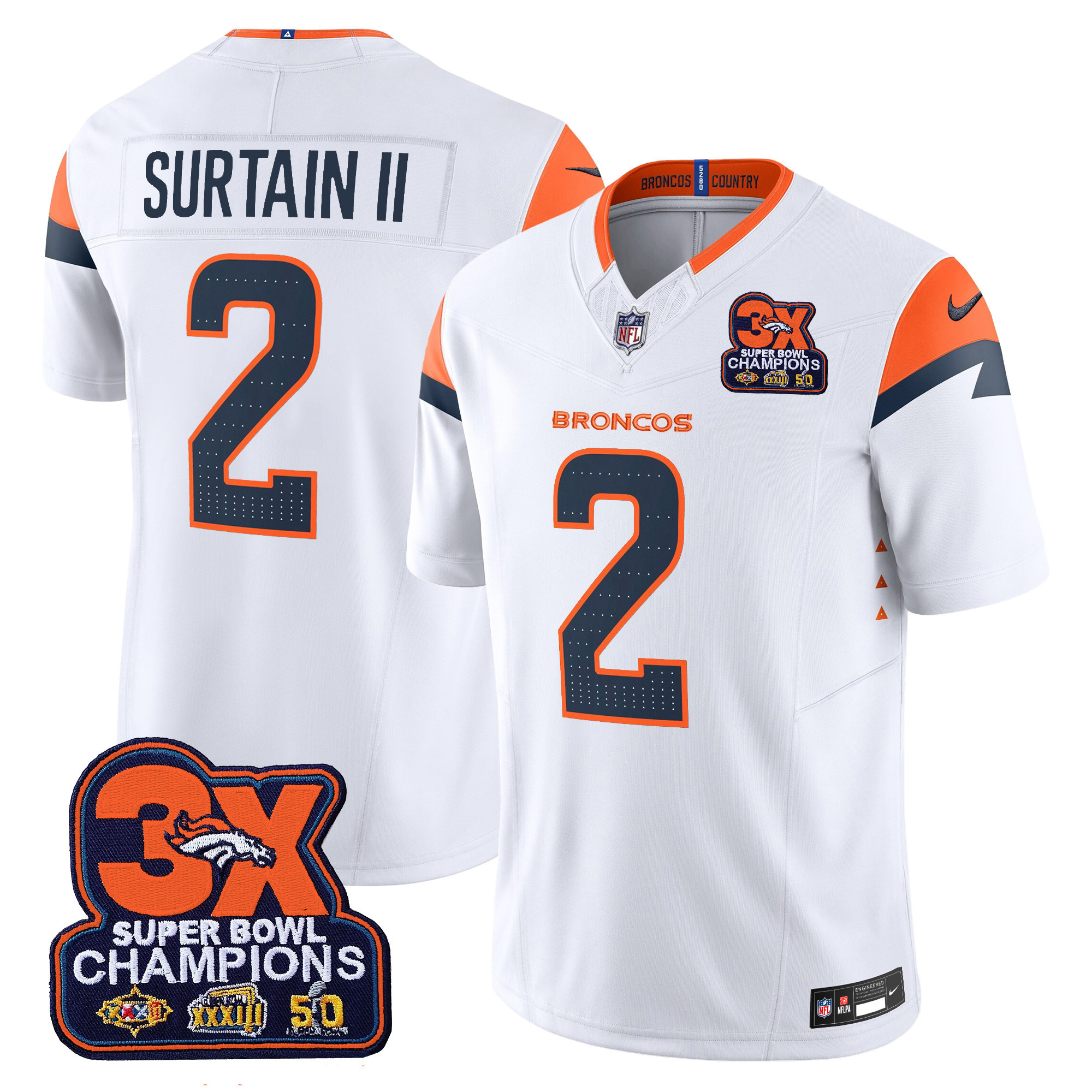 Patrick Surtain II Men's Denver Broncos 3-Time Champions Patch Vapor Limited White Jersey - All Stitched