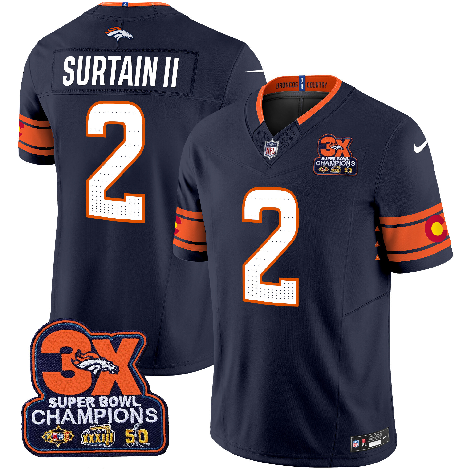 Patrick Surtain II Men's Denver Broncos 3x Patch "Colorado Flag" Vapor Limited Navy Jersey - All Stitched