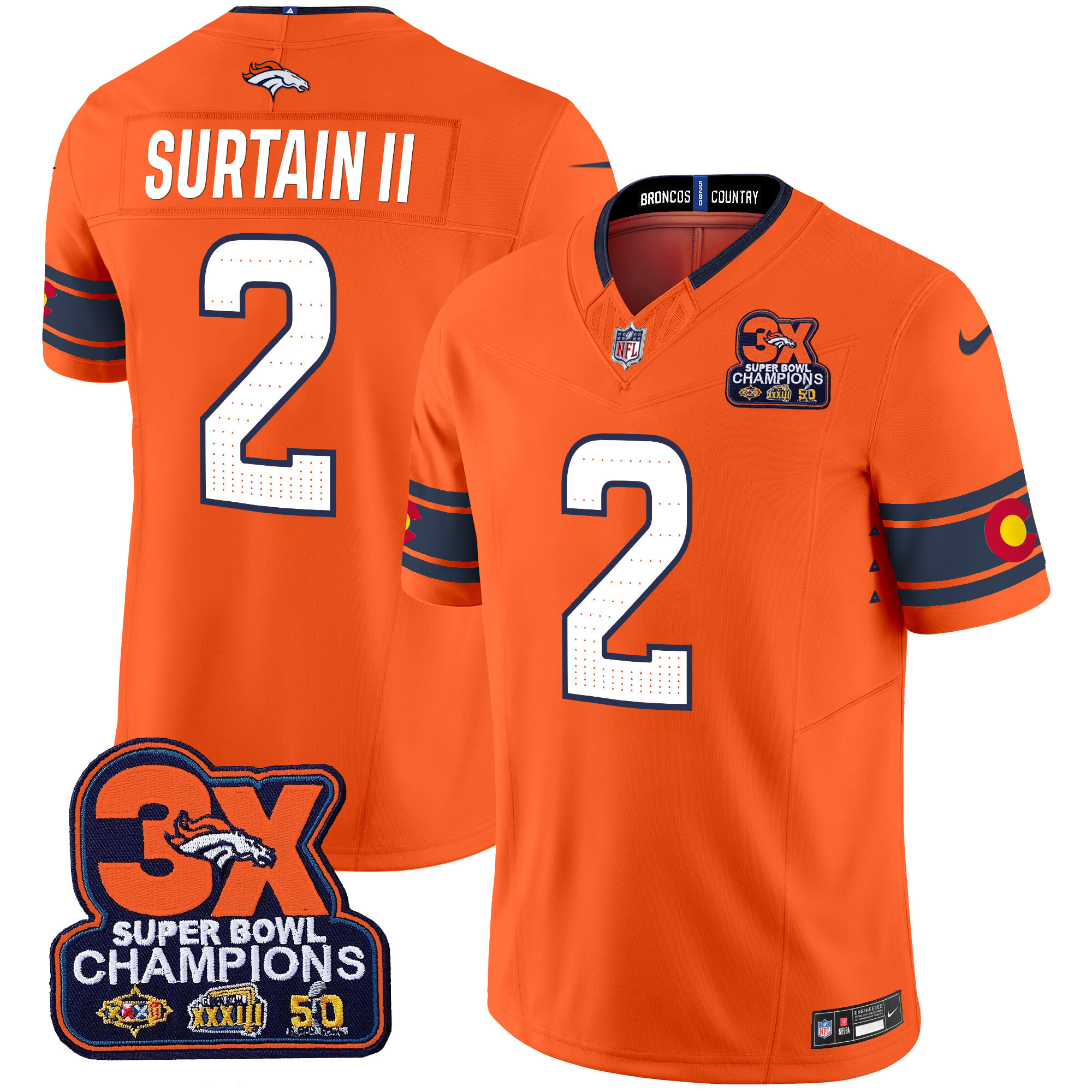 Patrick Surtain II Men's Denver Broncos 3x Patch "Colorado Flag" Vapor Limited Orange Jersey - All Stitched