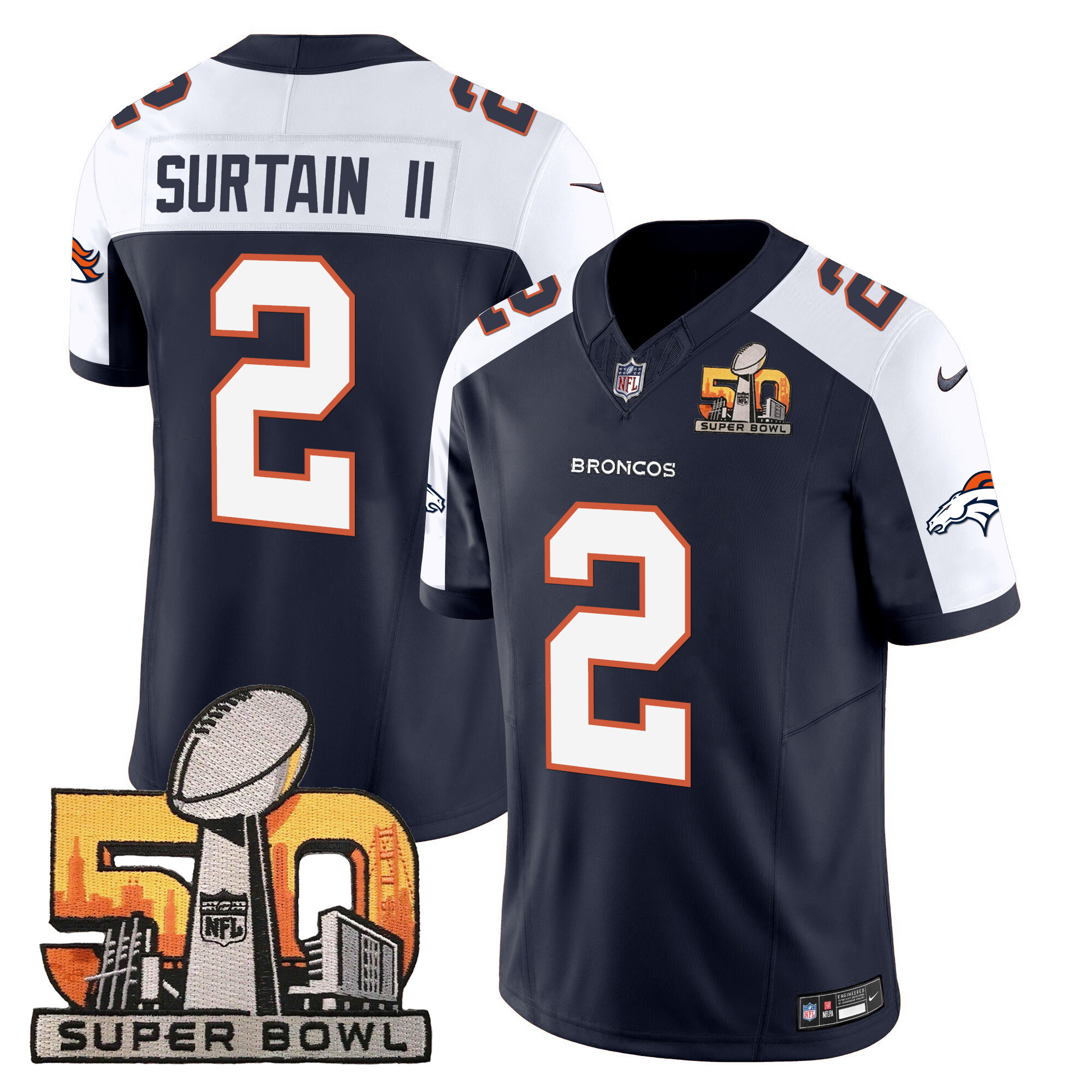 Patrick Surtain II Men's Denver Broncos Super Bowl 50 Patch Vapor Navy Alternate Jersey - All Stitched