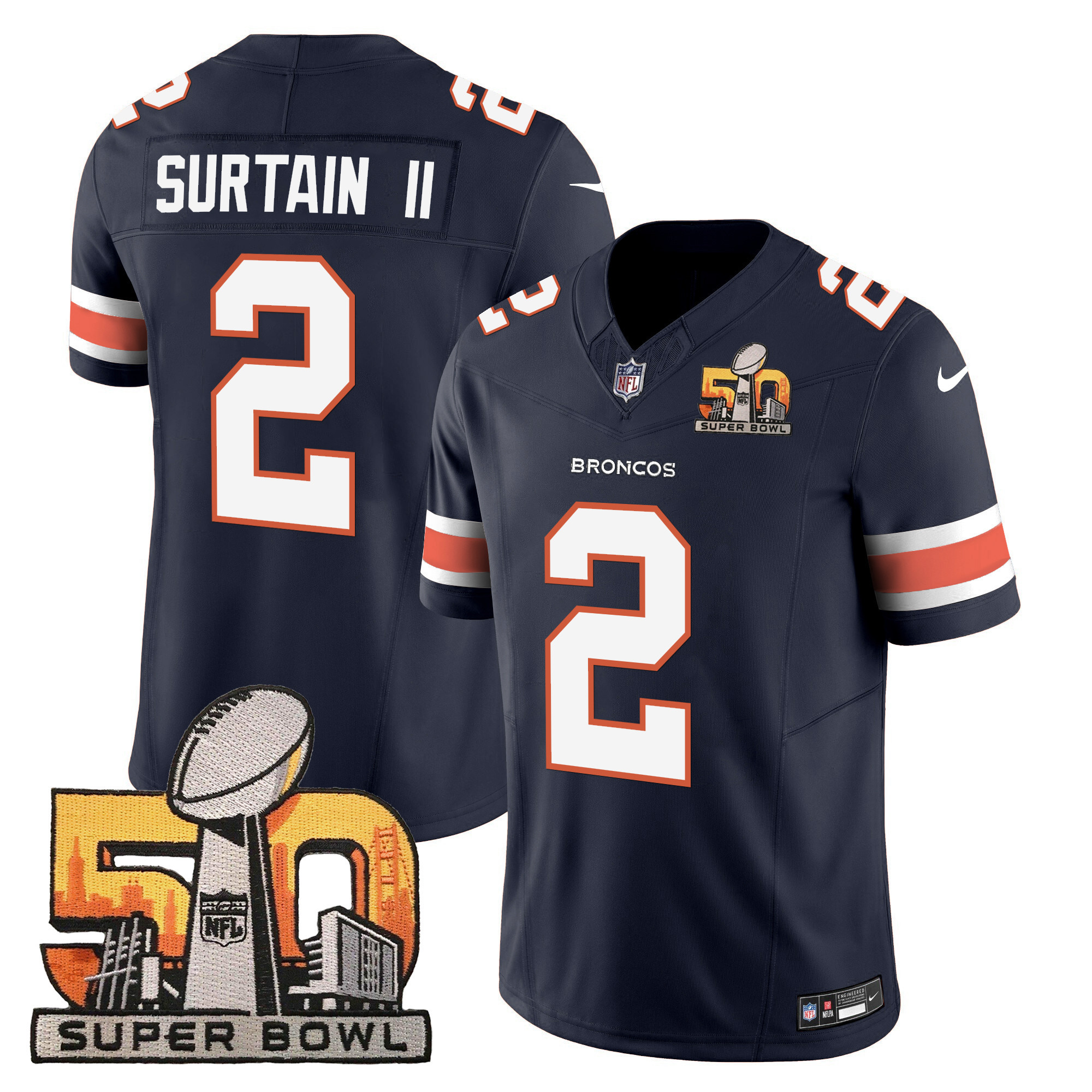 Patrick Surtain II Men's Denver Broncos Super Bowl 50 Patch Vapor Navy Jersey - All Stitched