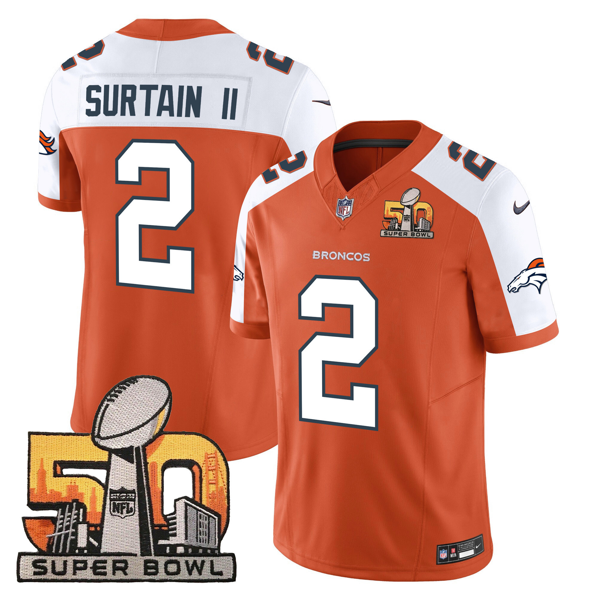 Patrick Surtain II Men's Denver Broncos Super Bowl 50 Patch Vapor Orange Alternate Jersey - All Stitched