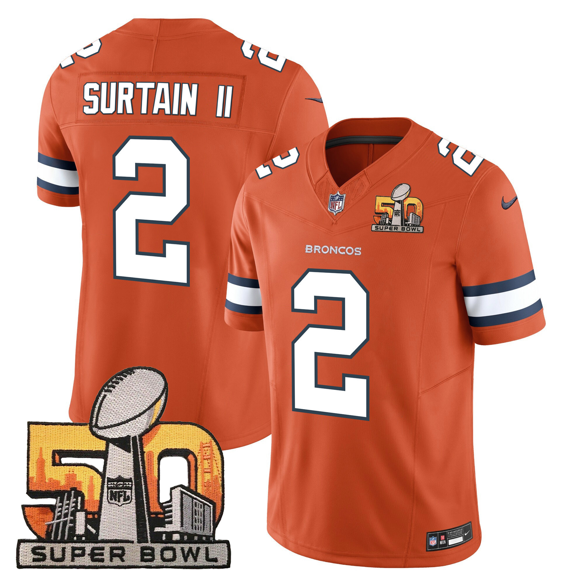 Patrick Surtain II Men's Denver Broncos Super Bowl 50 Patch Vapor Orange Jersey - All Stitched
