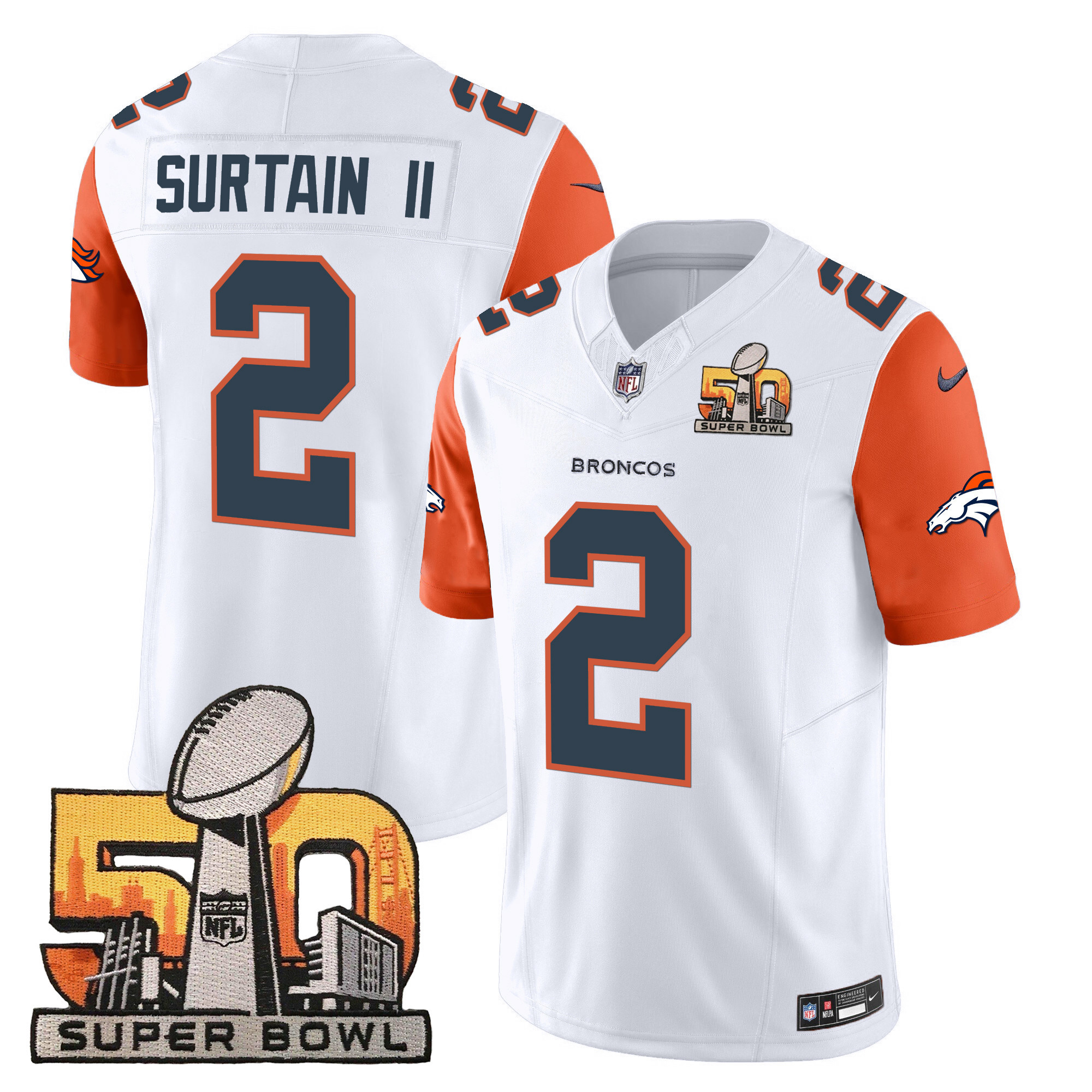 Patrick Surtain II Men's Denver Broncos Super Bowl 50 Patch Vapor Orange Sleeves Jersey - All Stitched