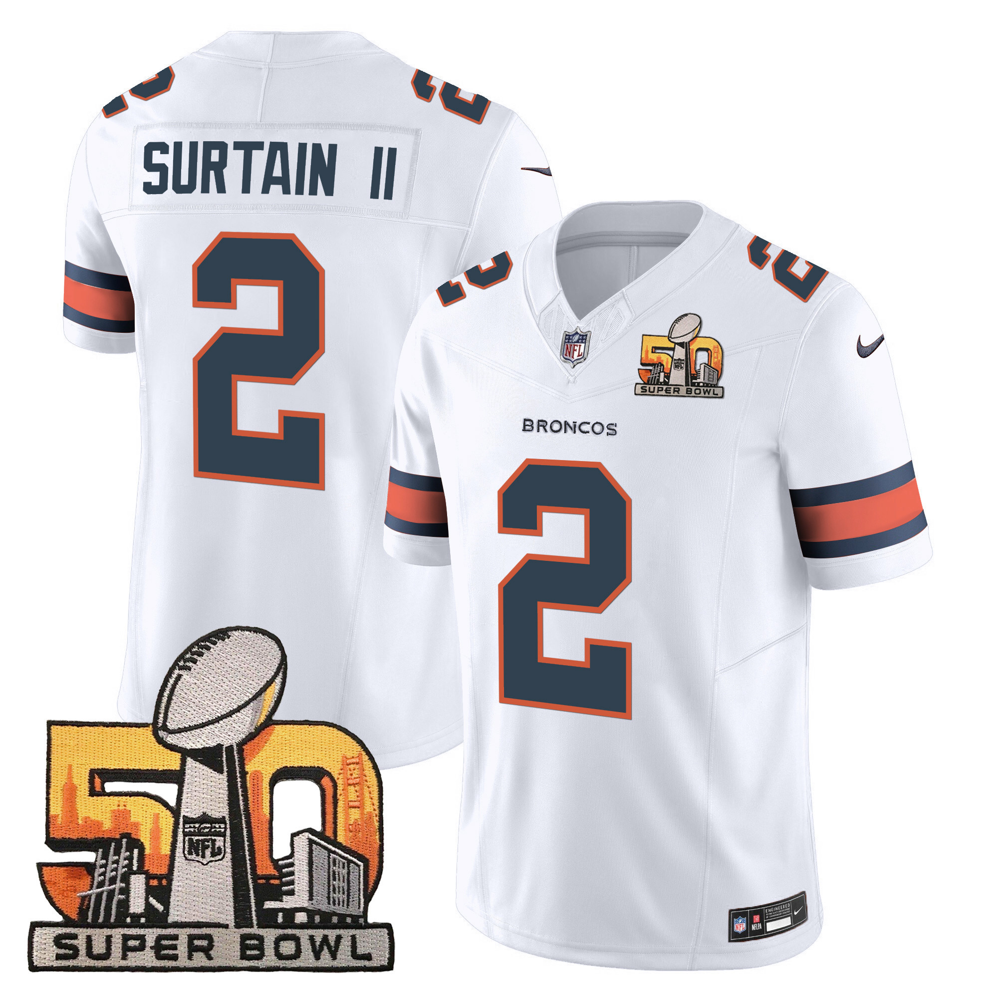 Patrick Surtain II Men's Denver Broncos Super Bowl 50 Patch Vapor White Jersey - All Stitched