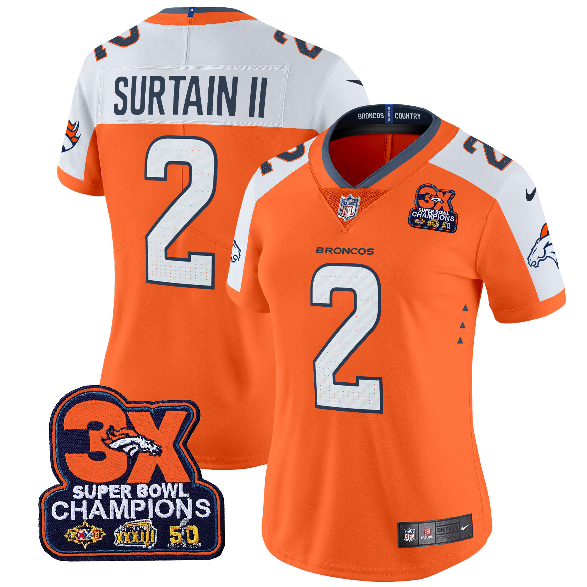Patrick Surtain II Women's Denver Broncos 3-Time Champions Patch Vapor Limited Orange Alternate Jersey - All Stitched