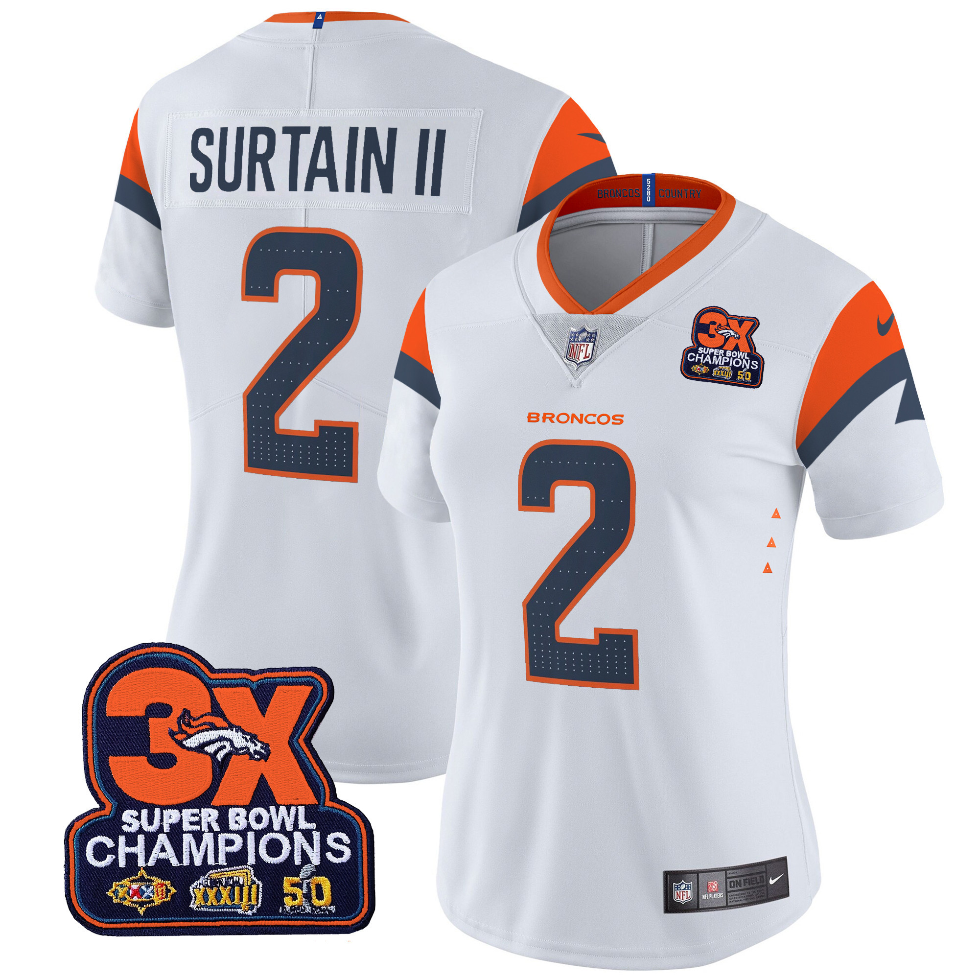 Patrick Surtain II Women's Denver Broncos 3-Time Champions Patch Vapor Limited White Jersey - All Stitched
