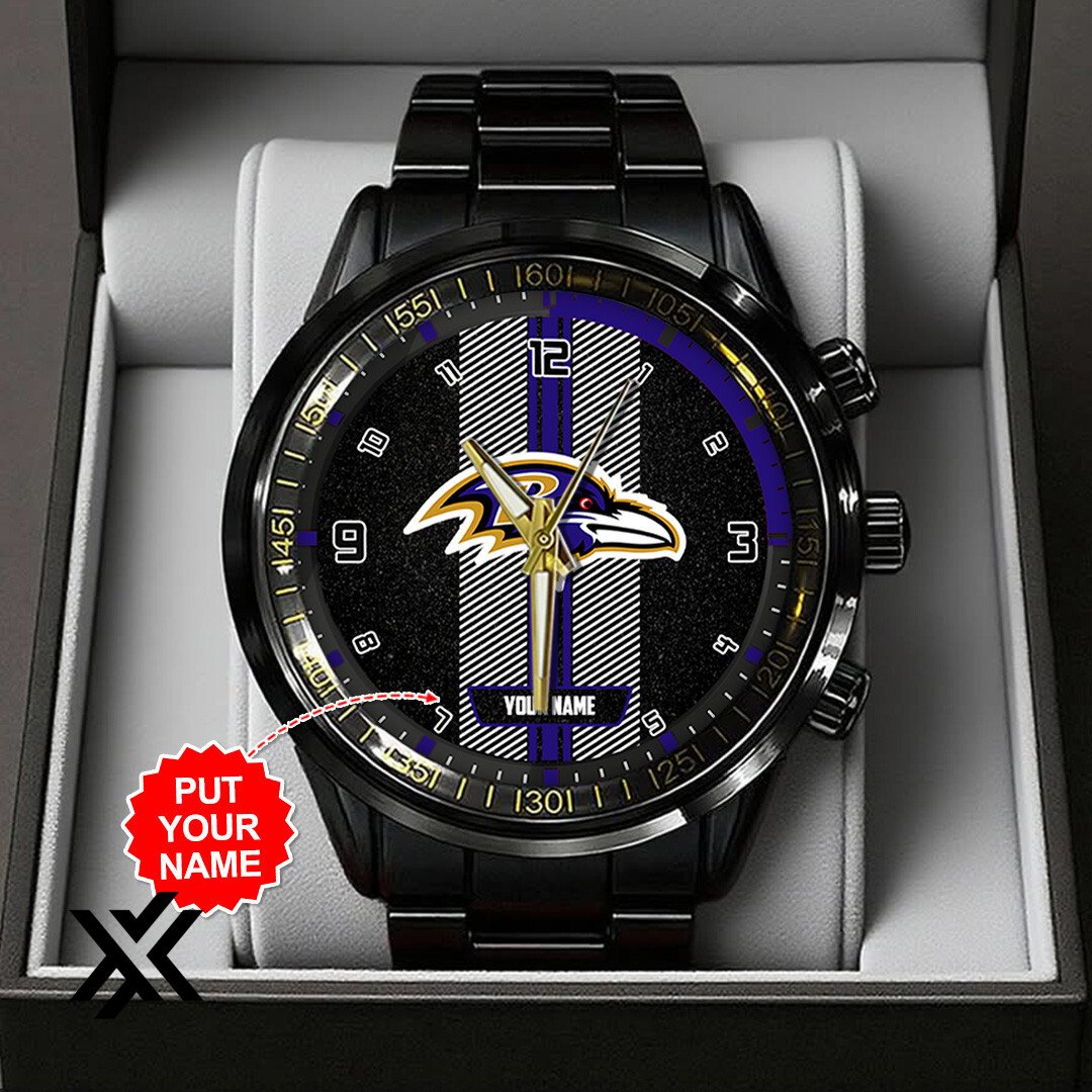 Personalized Baltimore Ravens Black Stainless Steel Watch