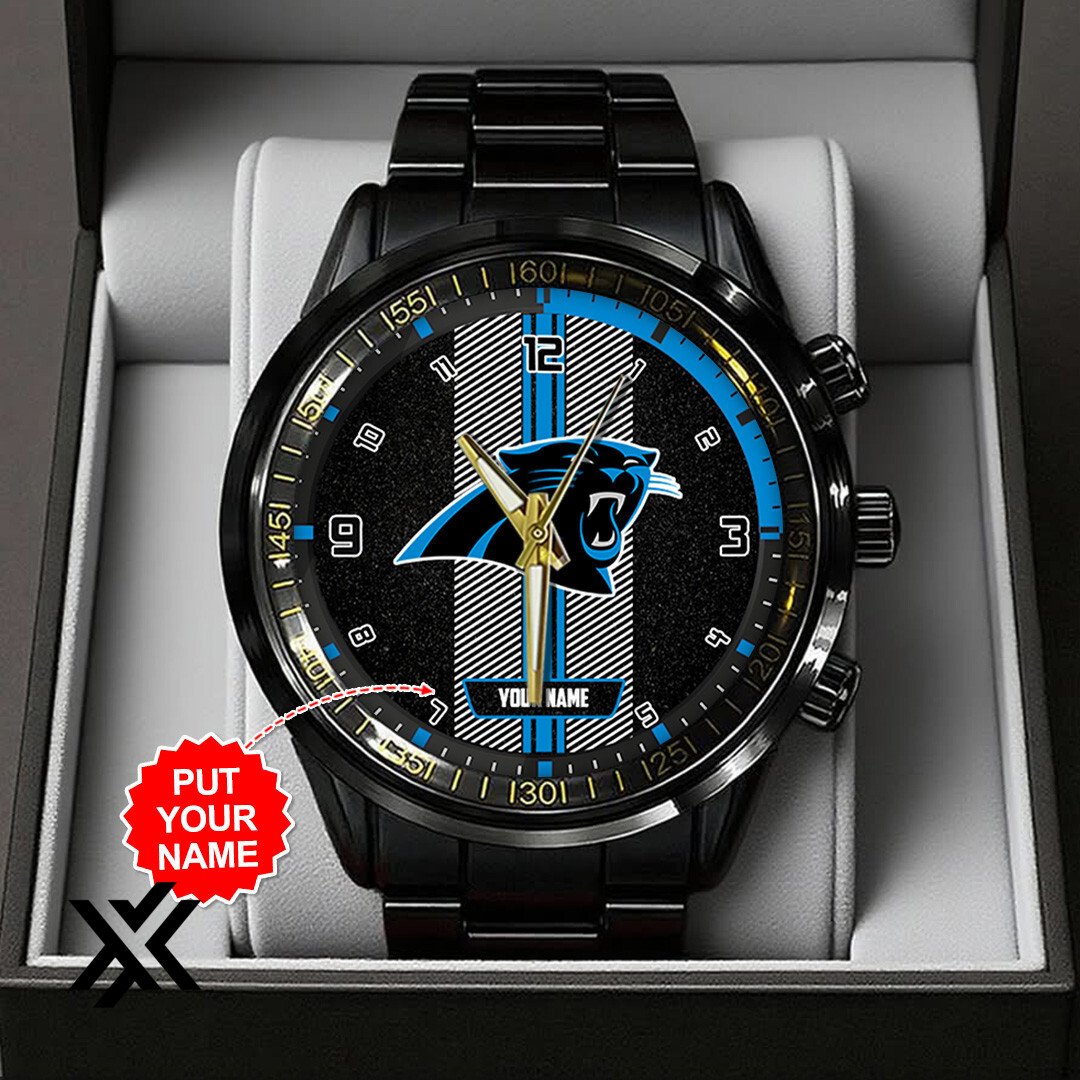 Personalized Carolina Panthers Black Stainless Steel Watch