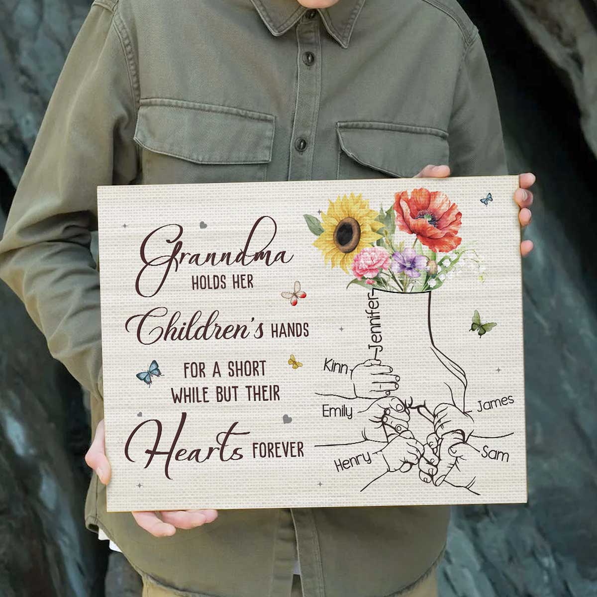 Personalized Grandma Gift With Grandkids Names, Custom Birth Month Flower Canvas, Grandma Birthday Gift, Gifts From Grandchilren