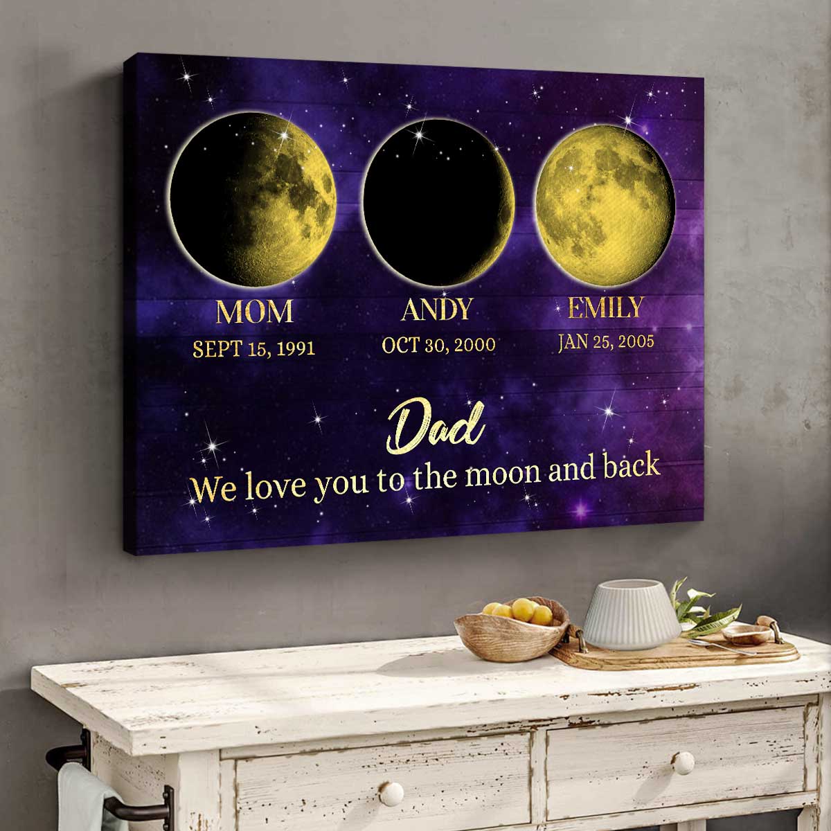 Personalized Moon Phase Canvas For Dad, Dad Gifts With Custom KidÃ¢â‚¬â„¢s Birth Dates, Fathers Day Gift For Dad From Children, Dad We Love You To The Moon And Back