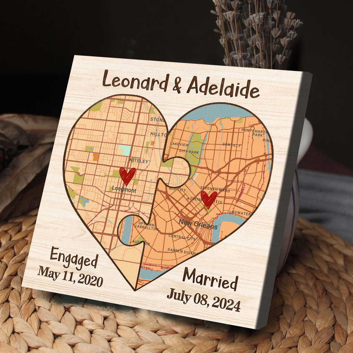 Personalized Newly Wed Gifts, Engaged Married Custom Map Canvas Print, Wedding Shower Gift For Couple, 1st Anniversary Gift For Wife