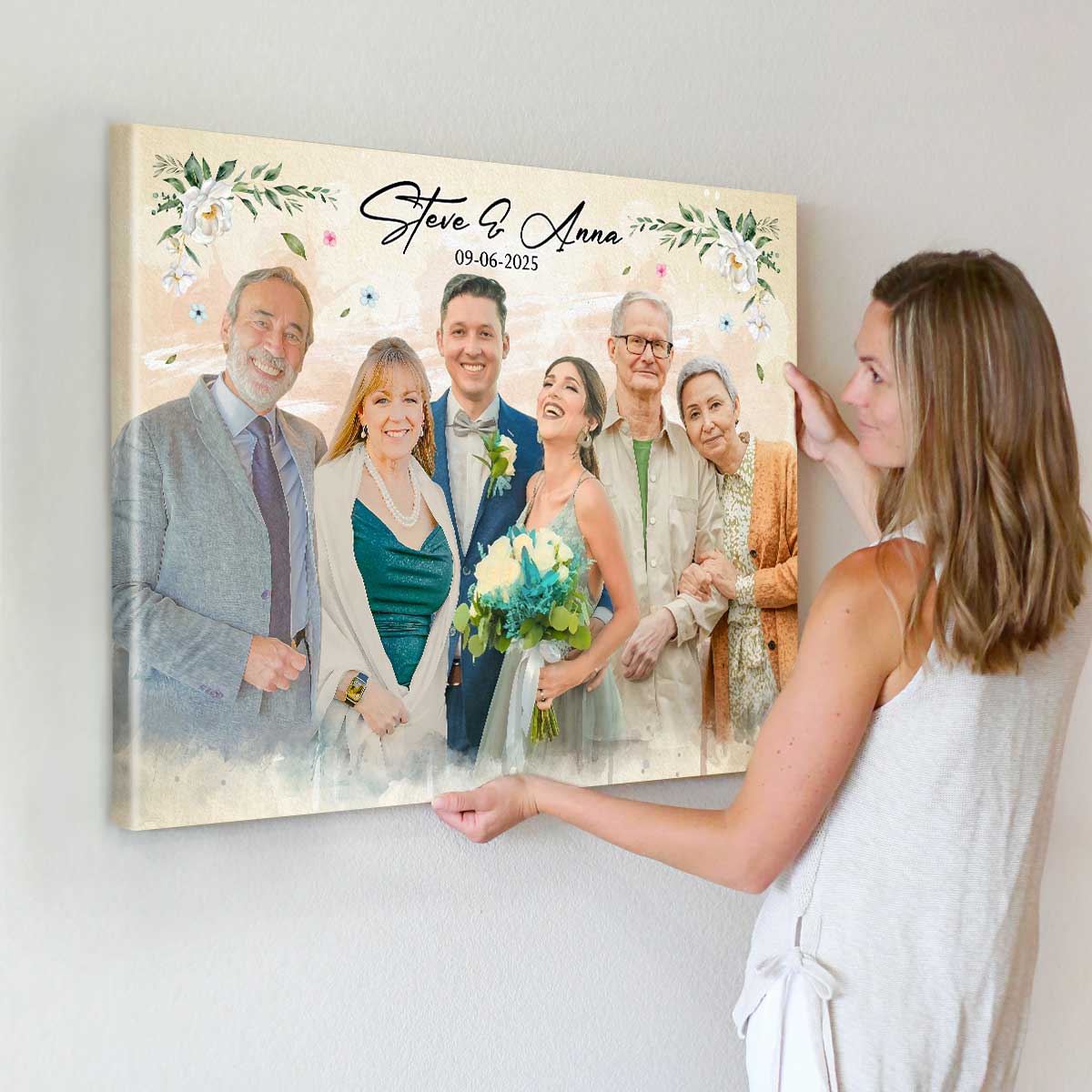 Personalized Watercolor Day Of Wedding Painting With Parents, Memorial Painting Of Loved One, Sympathy Gift For Friends, Combine Your Photos On Canvas