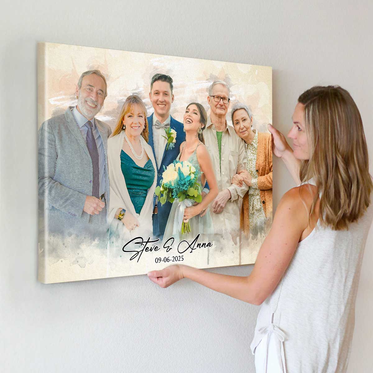 Personalized Watercolor Wedding Painting with Parents, Custom Wedding Family Portrait, Merge Photos Into Painting Canvas, Memorial Painting Gift