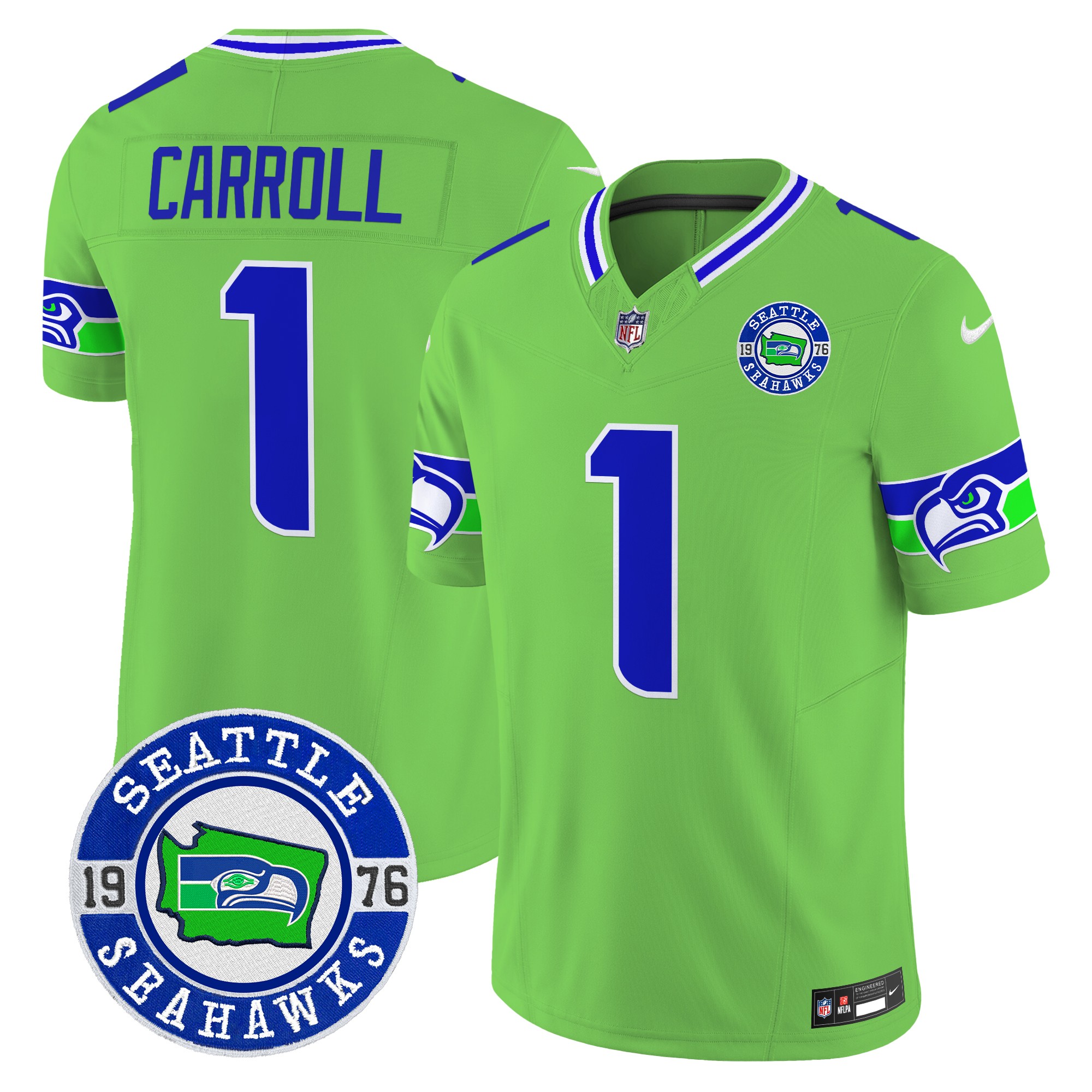 Pete Carroll Men's Seattle Seahawks 2024 Seattle Est. 1976 Patch Vapor Limited Green Jersey - All Stitched
