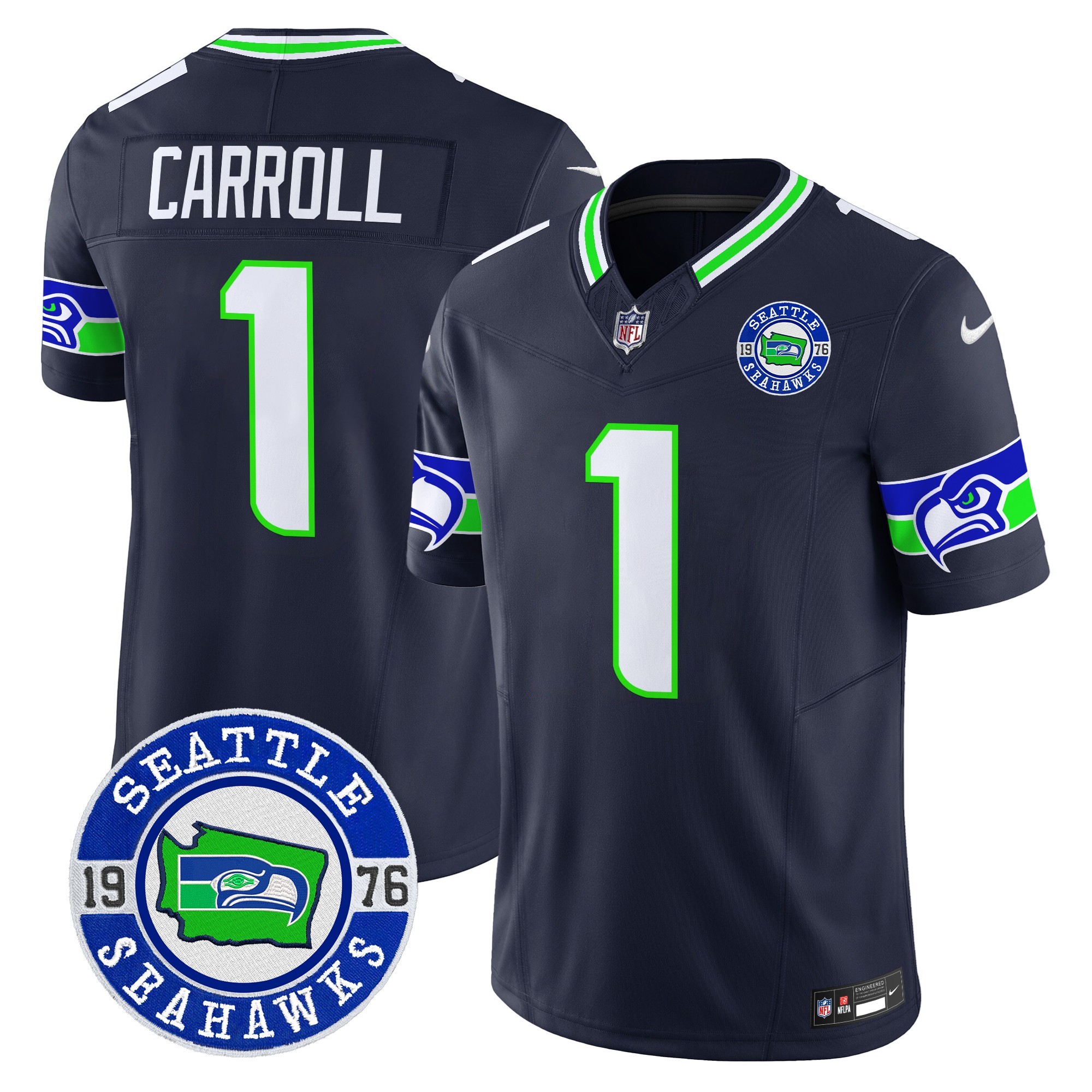 Pete Carroll Men's Seattle Seahawks 2024 Seattle Est. 1976 Patch Vapor Limited Navy Jersey - All Stitched