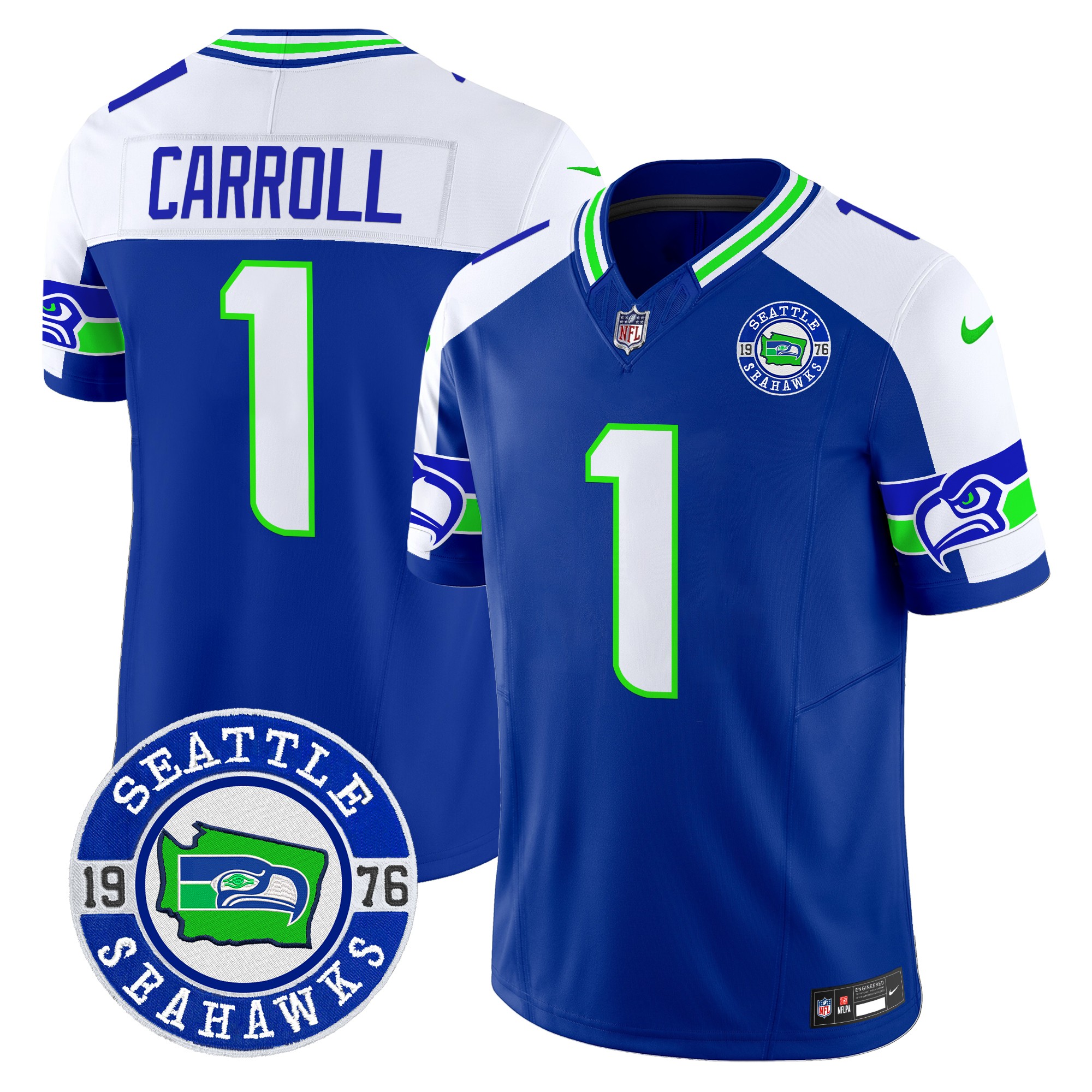 Pete Carroll Men's Seattle Seahawks 2024 Seattle Est. 1976 Patch Vapor Limited Royal Alternate Jersey - All Stitched