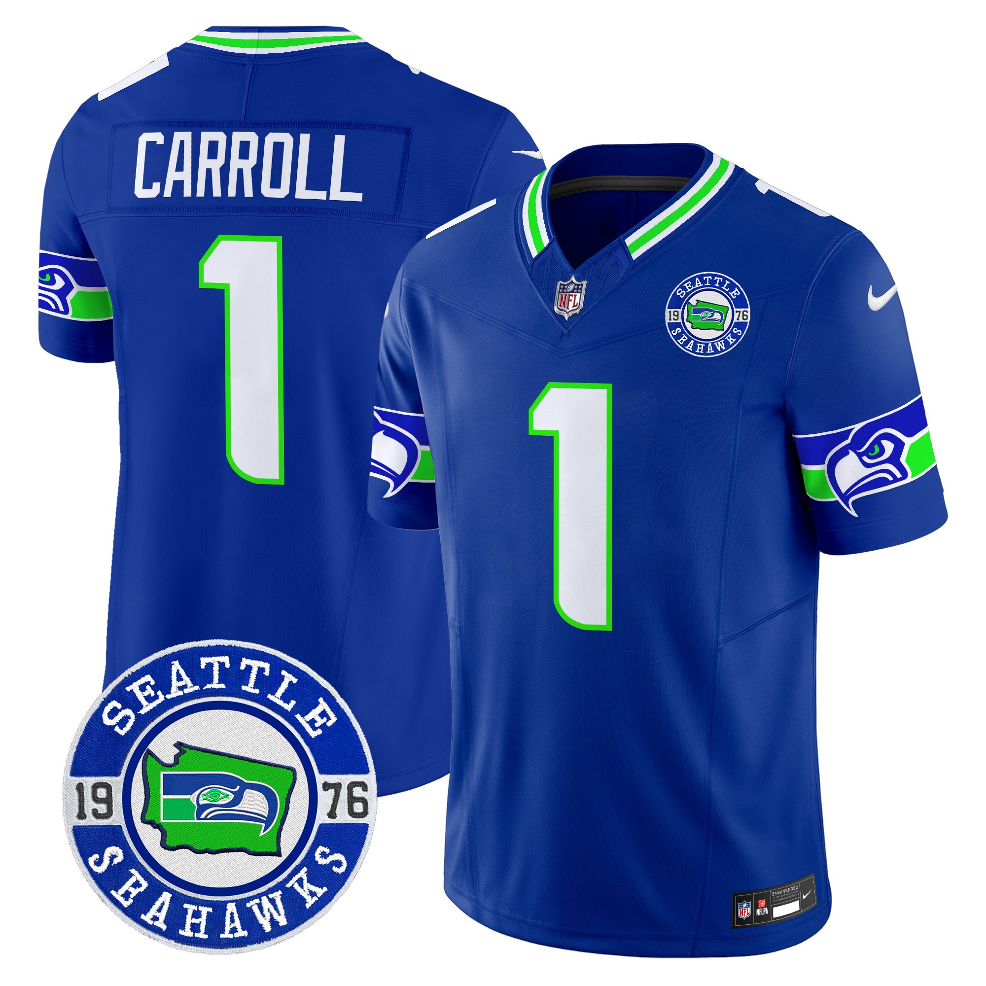 Pete Carroll Men's Seattle Seahawks 2024 Seattle Est. 1976 Patch Vapor Limited Royal Jersey - All Stitched