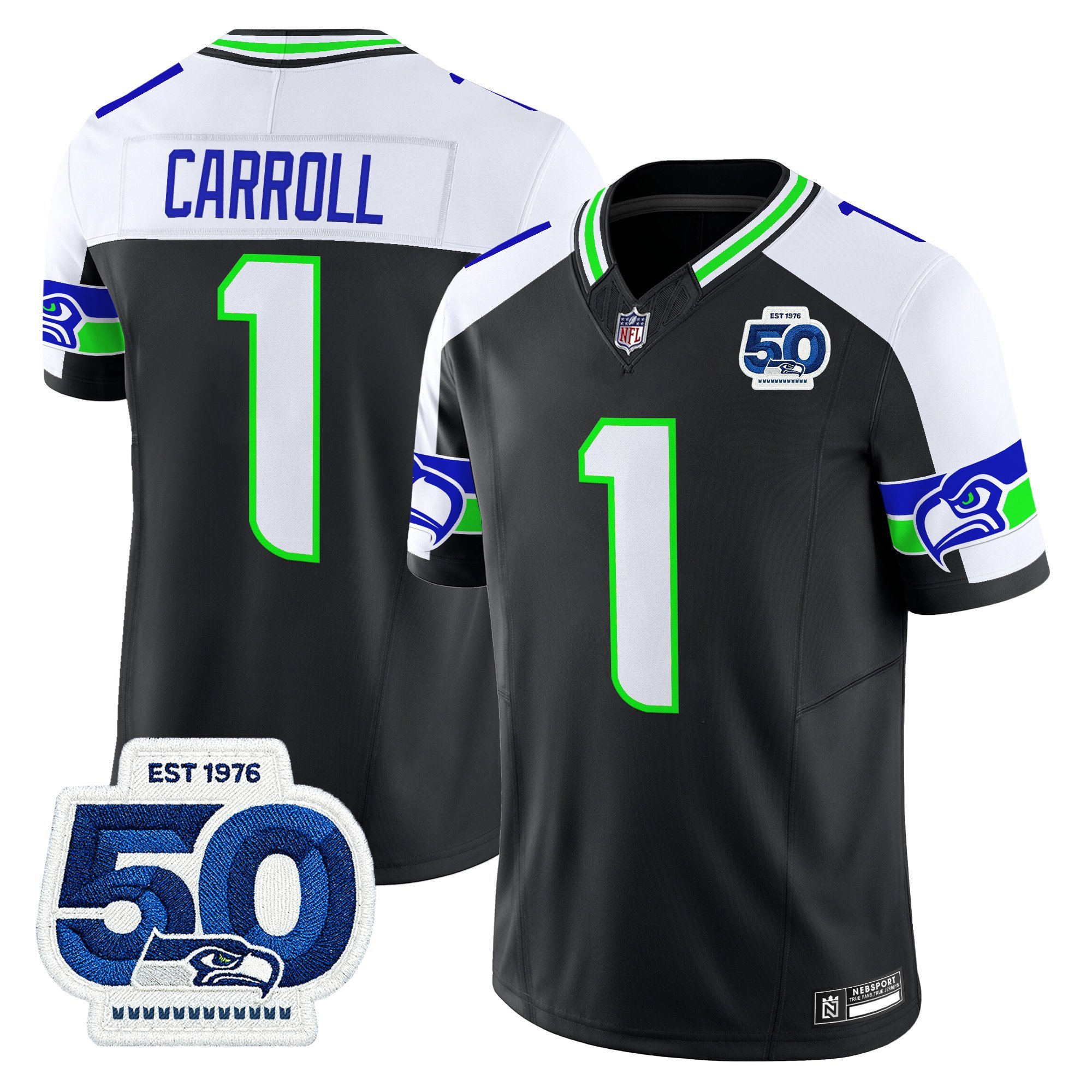Pete Carroll Men's Seattle Seahawks 50th Anniversary Patch Vapor Limited Black Alternate Jersey - All Stitched