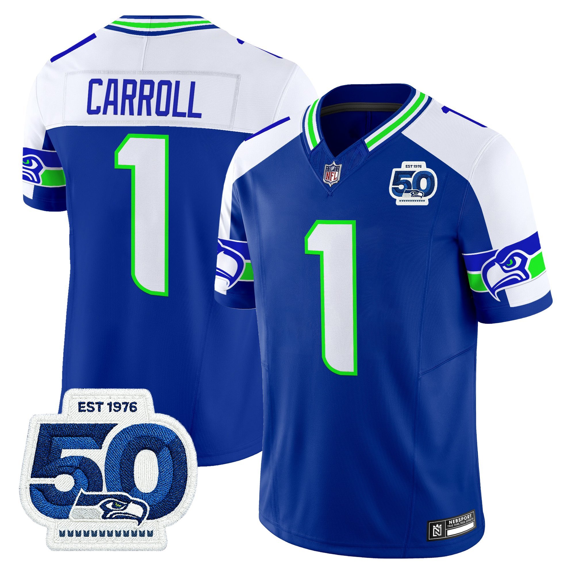 Pete Carroll Men's Seattle Seahawks 50th Anniversary Patch Vapor Limited Royal Alternate Jersey - All Stitched