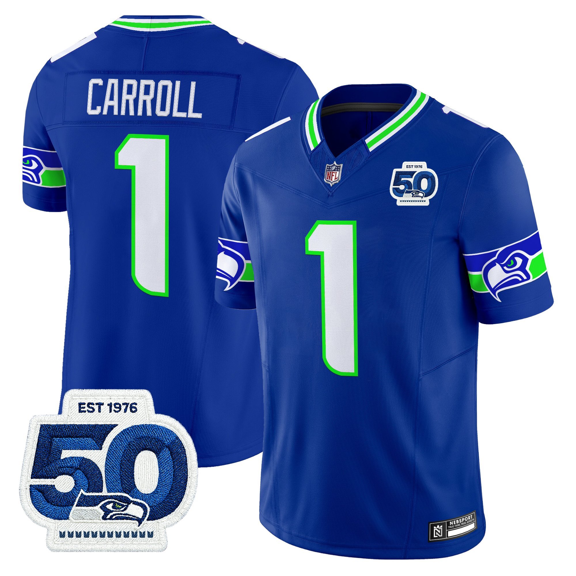 Pete Carroll Men's Seattle Seahawks 50th Anniversary Patch Vapor Limited Royal Jersey - All Stitched
