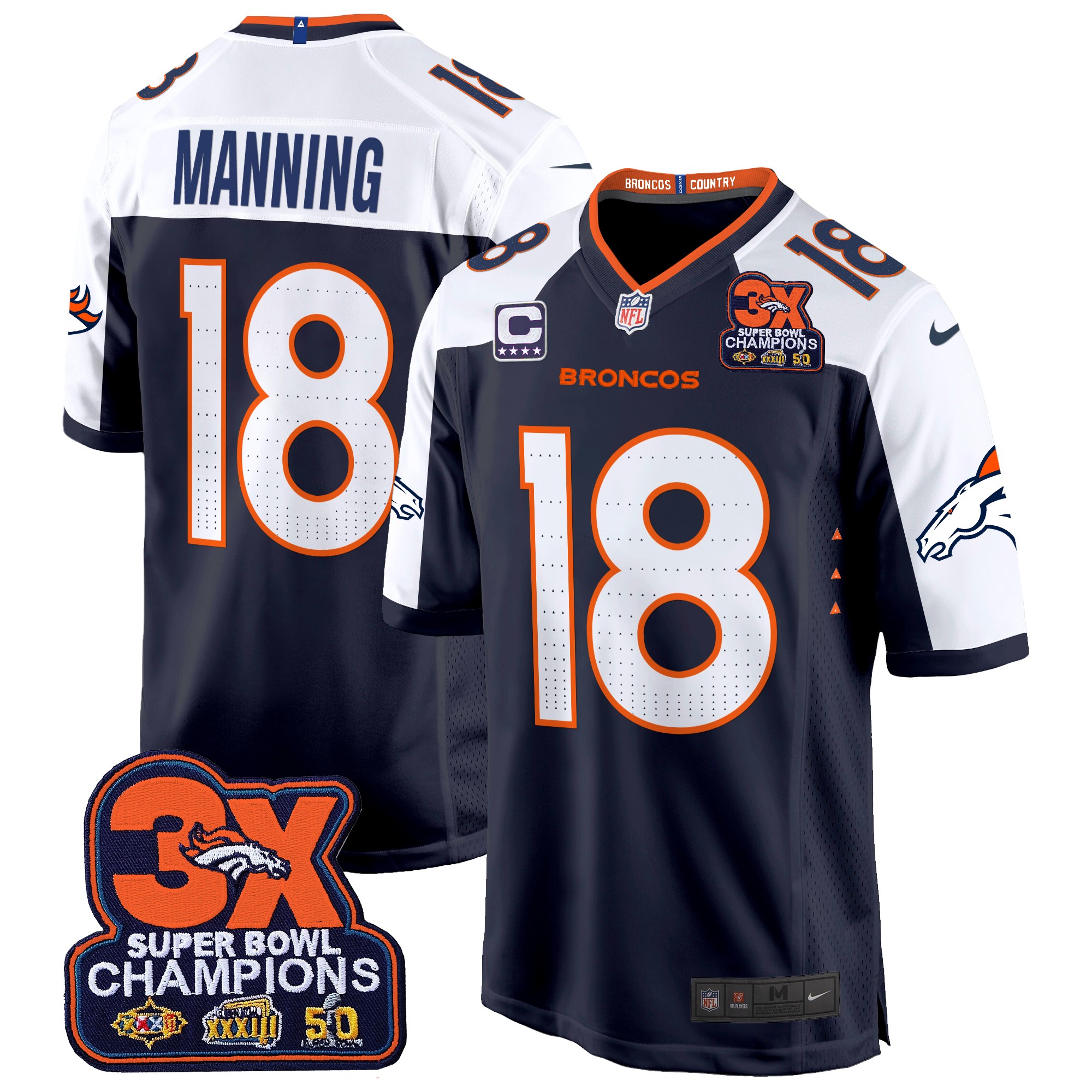 Peyton Manning Men's Denver Broncos 3-Time Champions Patch Game Jersey - Al Stitched Navy Alternate Jersey - All Stitched
