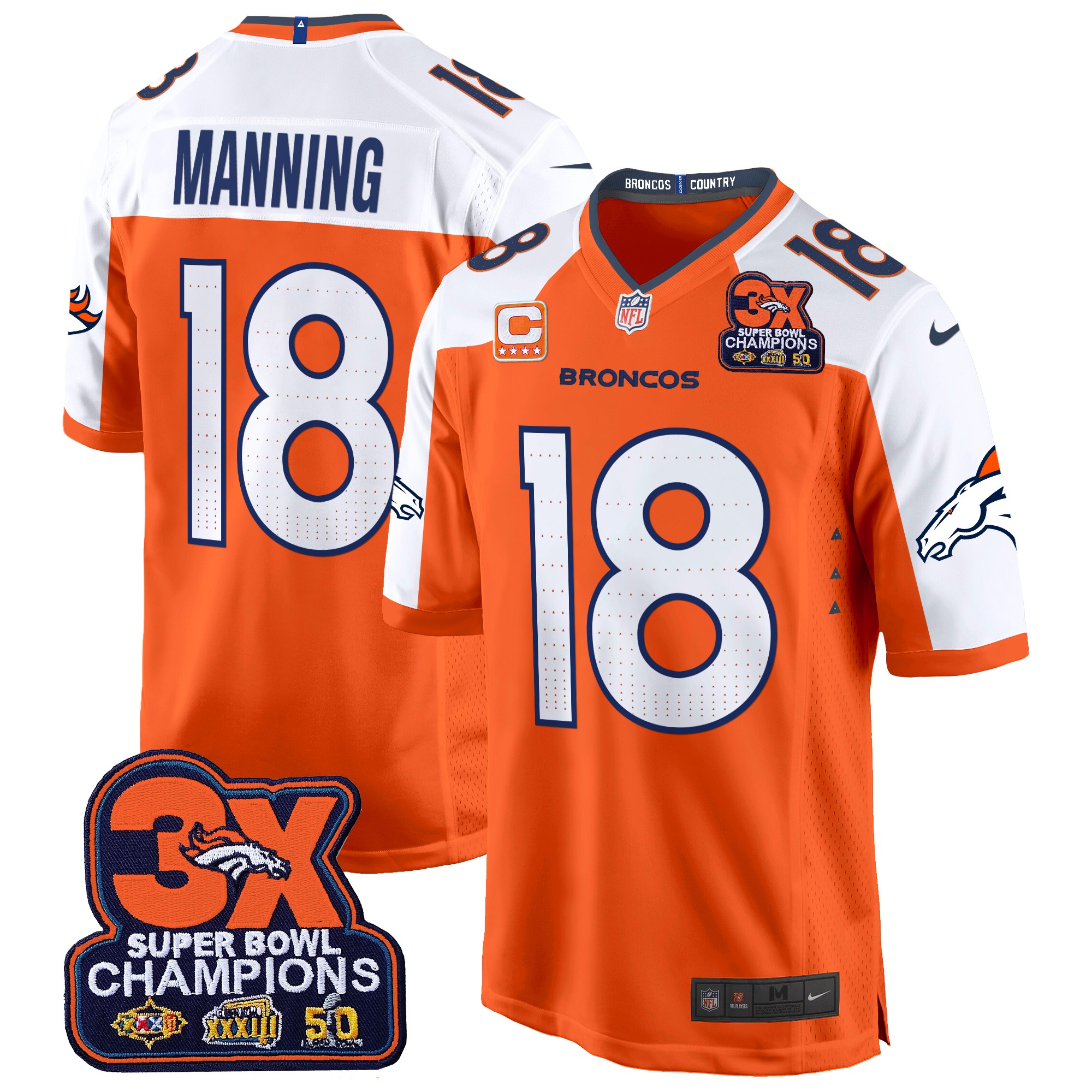 Peyton Manning Men's Denver Broncos 3-Time Champions Patch Game Jersey - Al Stitched Orange Alternate Jersey - All Stitched
