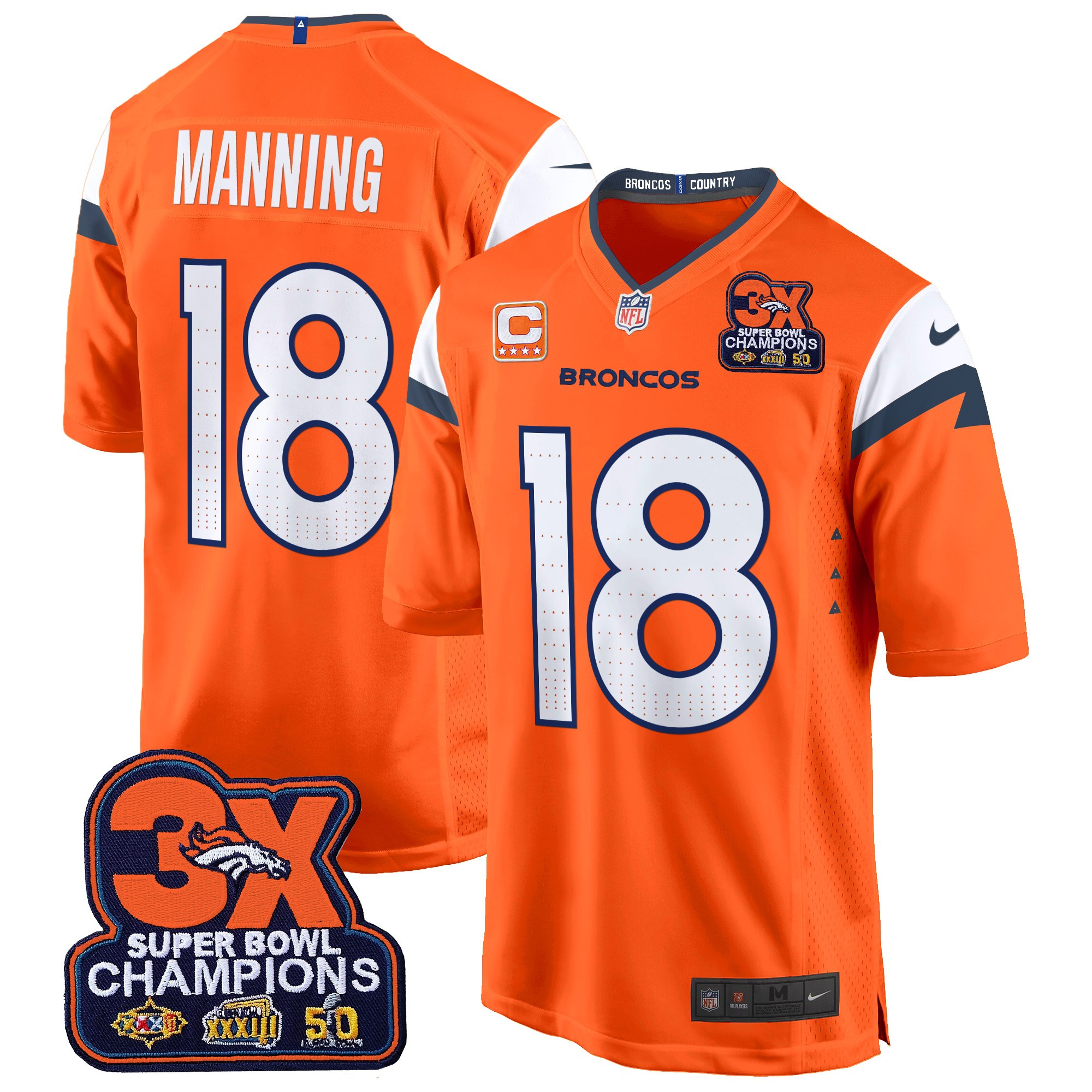 Peyton Manning Men's Denver Broncos 3-Time Champions Patch Game Jersey - Al Stitched Orange Jersey - All Stitched