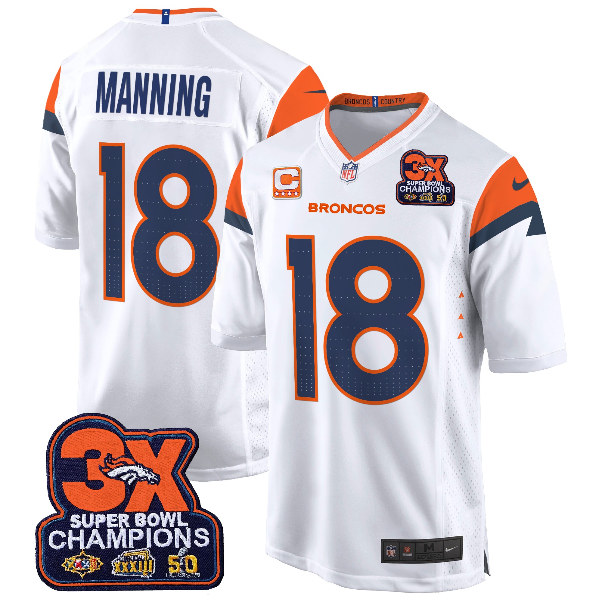 Peyton Manning Men's Denver Broncos 3-Time Champions Patch Game Jersey - Al Stitched White Jersey - All Stitched