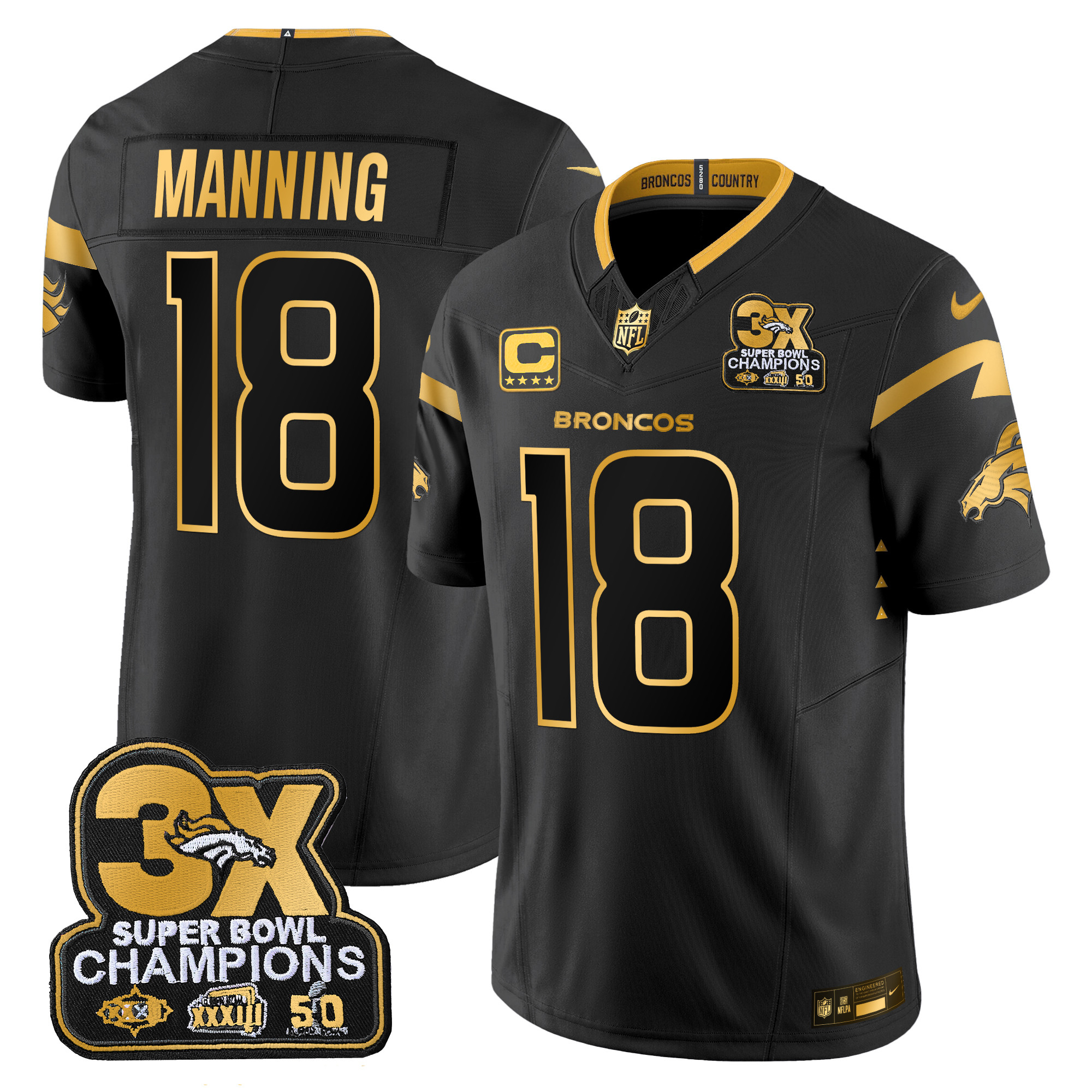 Peyton Manning Men's Denver Broncos 3-Time Champions Patch Gold Vapor Limited Black Gold Jersey - All Stitched