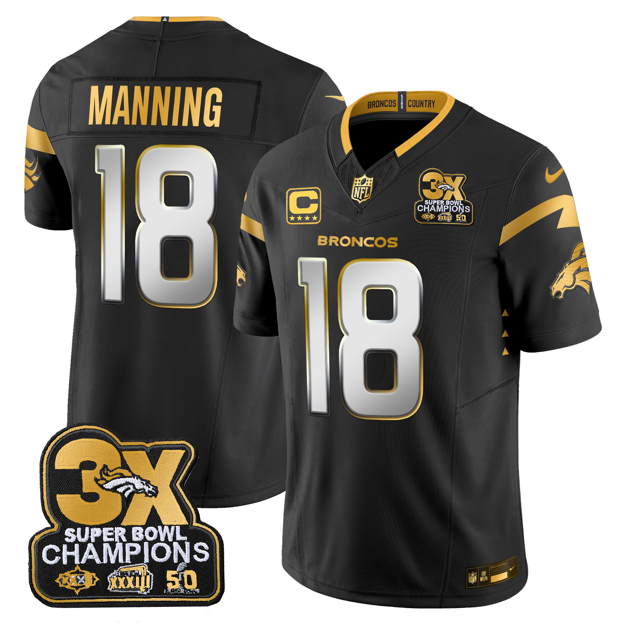 Peyton Manning Men's Denver Broncos 3-Time Champions Patch Gold Vapor Limited Black Limited Jersey - All Stitched