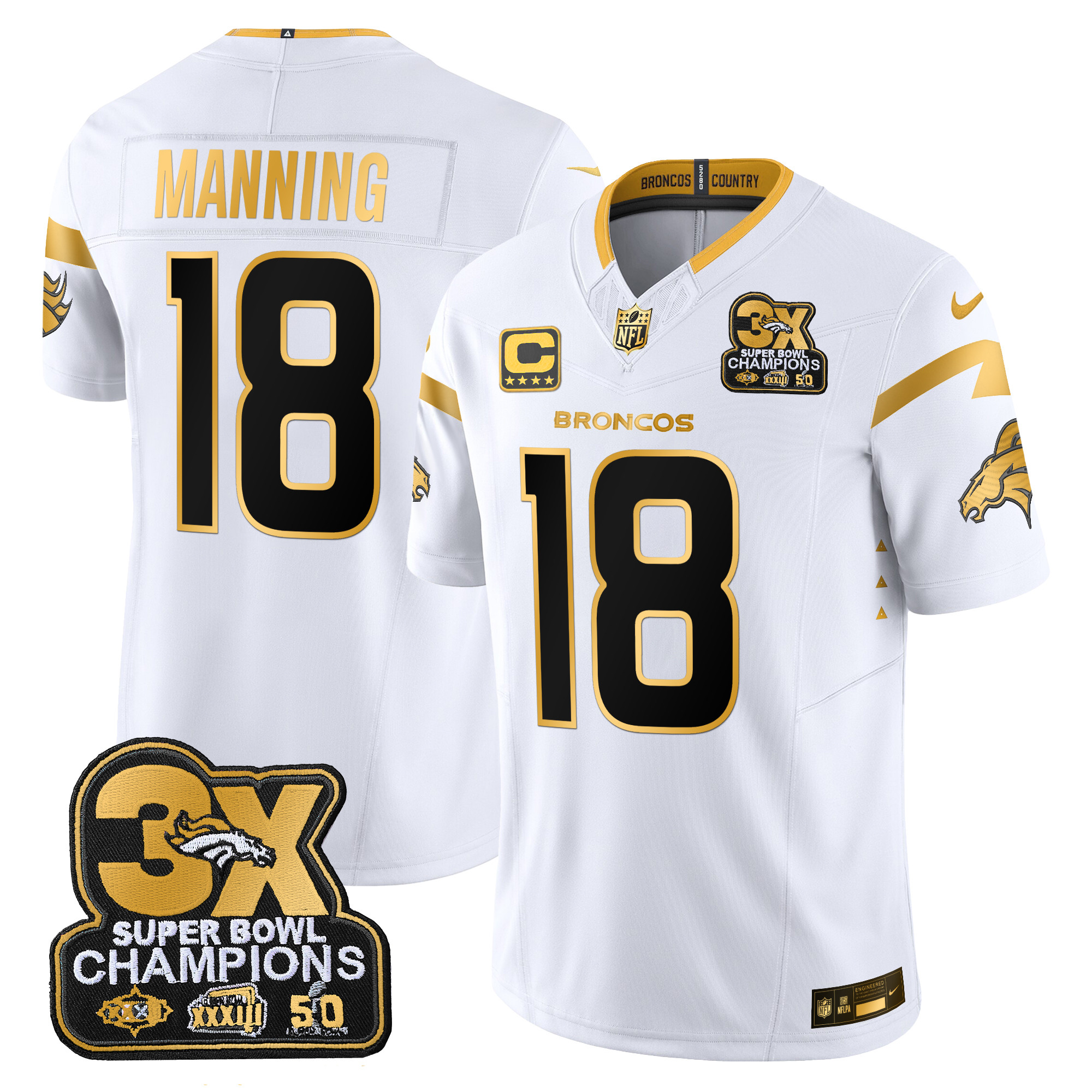 Peyton Manning Men's Denver Broncos 3-Time Champions Patch Gold Vapor Limited White Gold Jersey - All Stitched